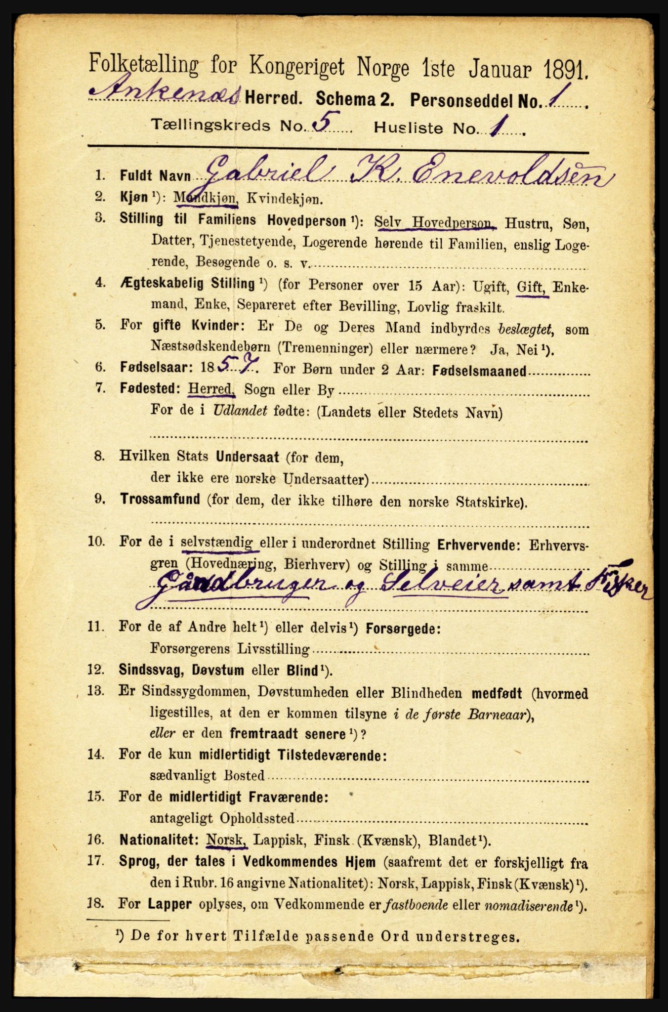 RA, 1891 census for 1855 Ankenes, 1891, p. 2744