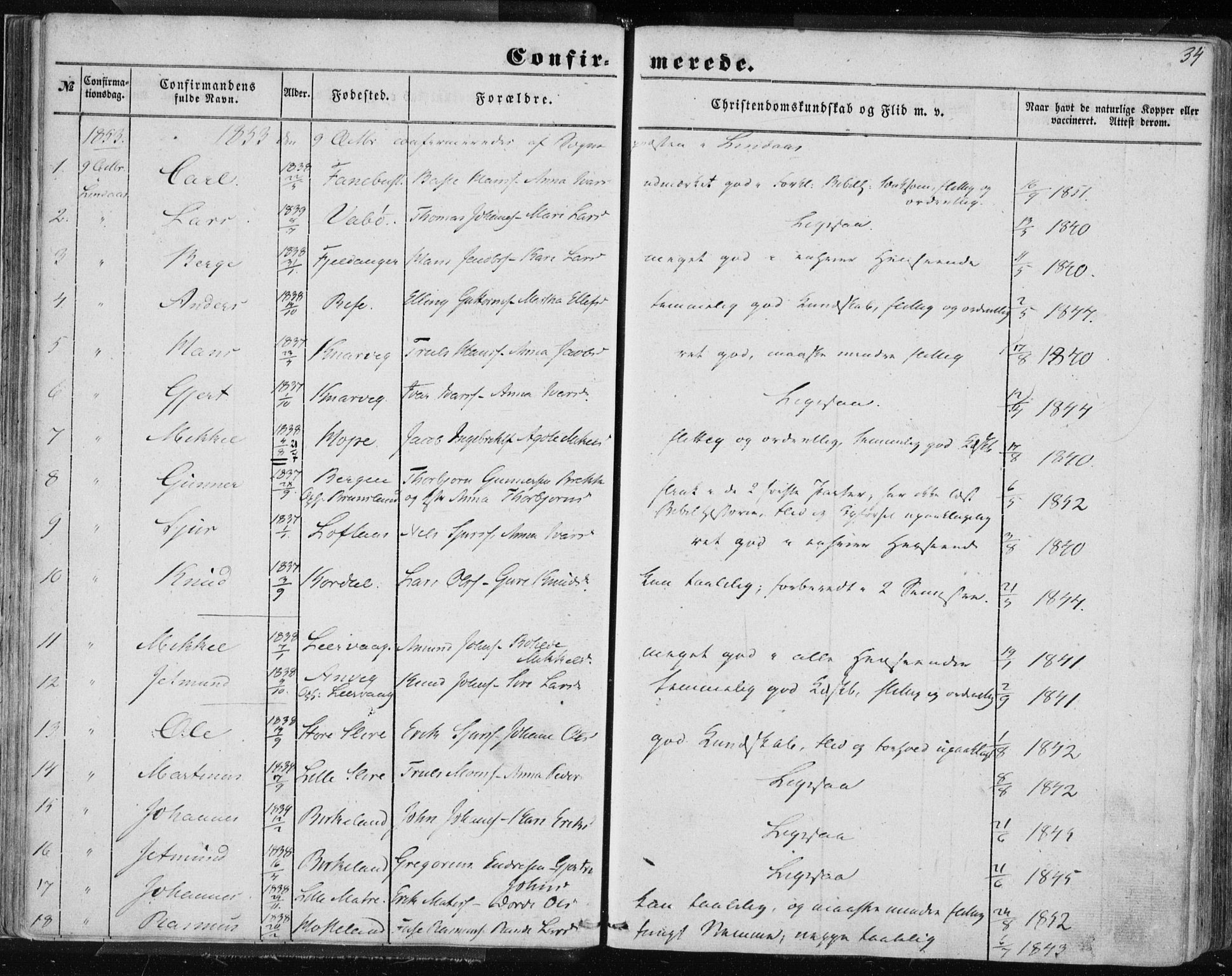 Lindås Sokneprestembete, SAB/A-76701/H/Haa: Parish register (official) no. A 13, 1848-1862, p. 34