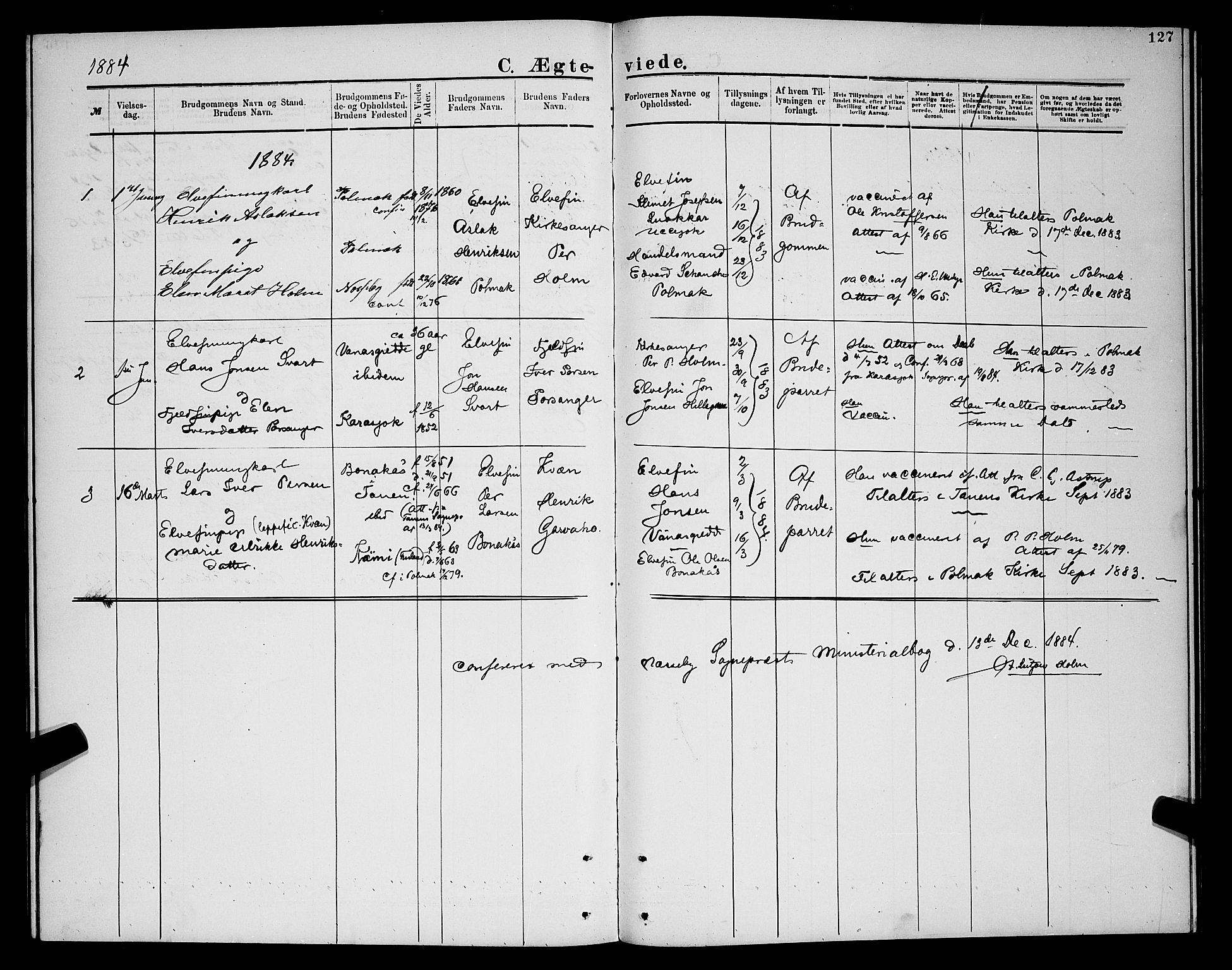 Nesseby sokneprestkontor, AV/SATØ-S-1330/H/Hb/L0007klokker: Parish register (copy) no. 7, 1877-1884, p. 127