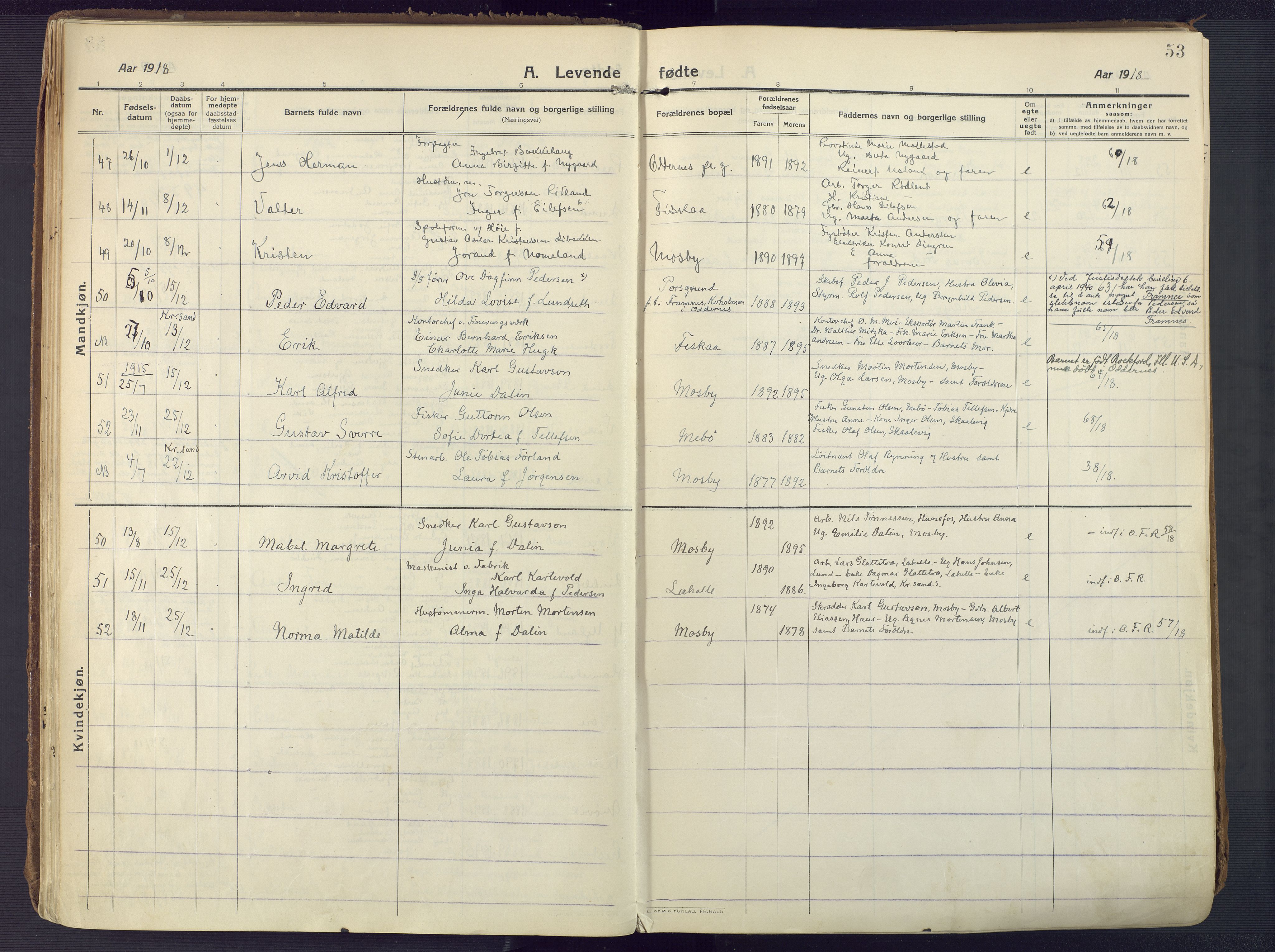 Oddernes sokneprestkontor, AV/SAK-1111-0033/F/Fa/Faa/L0012: Parish register (official) no. A 12, 1912-1925, p. 53