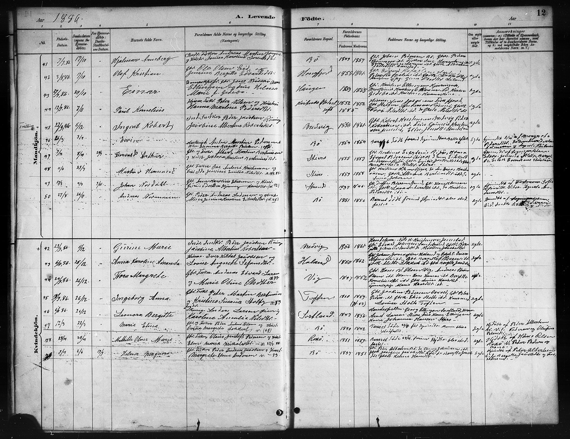 Ministerialprotokoller, klokkerbøker og fødselsregistre - Nordland, AV/SAT-A-1459/895/L1382: Parish register (copy) no. 895C04, 1885-1896, p. 12