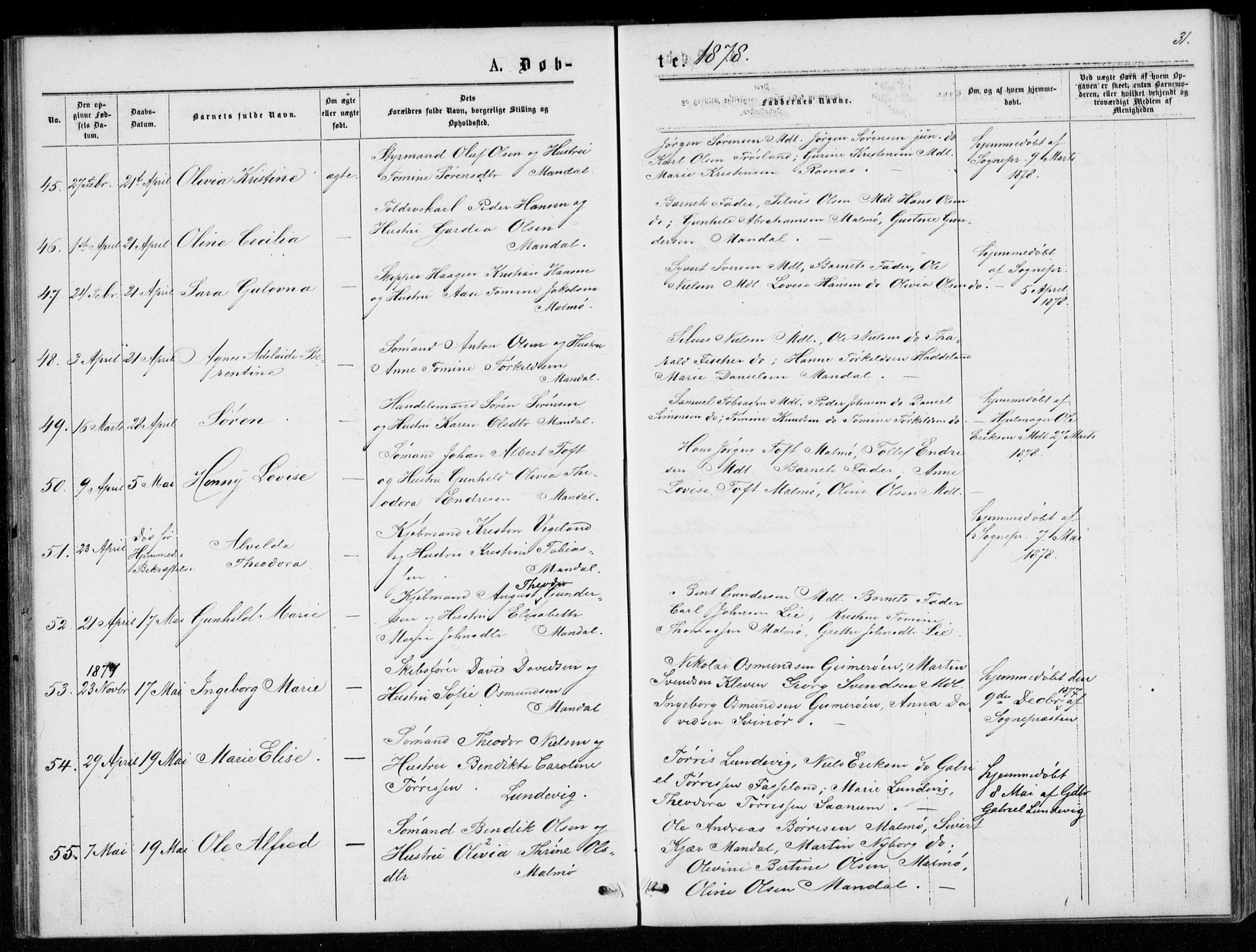 Mandal sokneprestkontor, AV/SAK-1111-0030/F/Fb/Fba/L0010: Parish register (copy) no. B 4, 1876-1880, p. 31