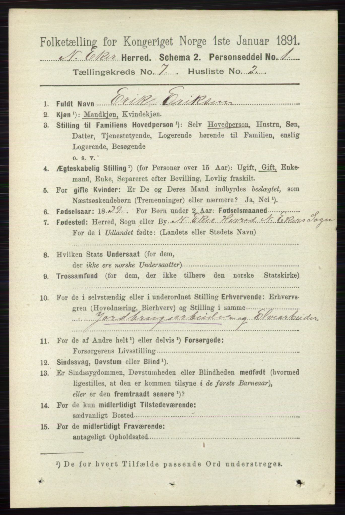 RA, 1891 census for 0625 Nedre Eiker, 1891, p. 3409