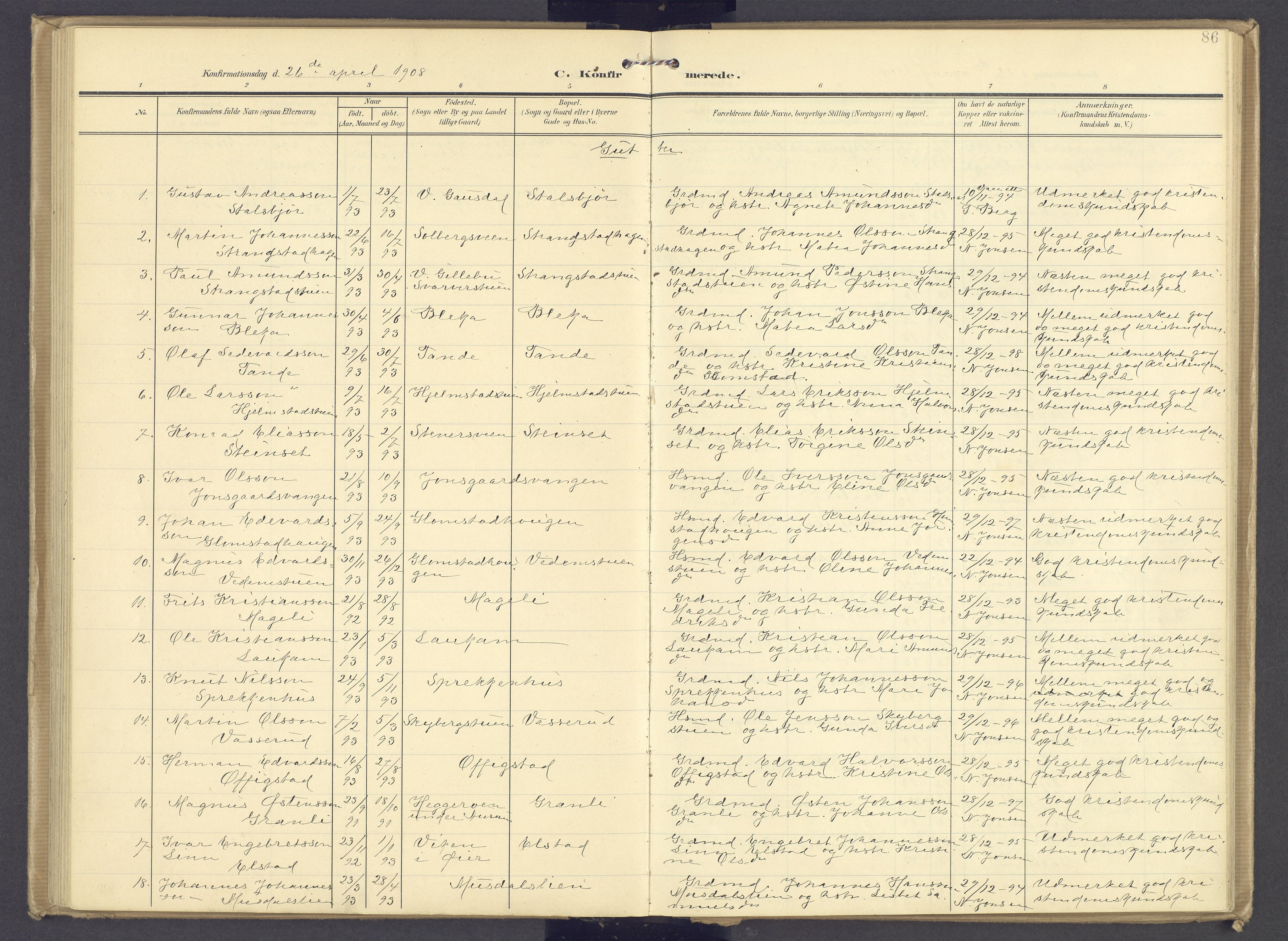 Øyer prestekontor, SAH/PREST-084/H/Ha/Haa/L0013: Parish register (official) no. 13, 1905-1920, p. 86