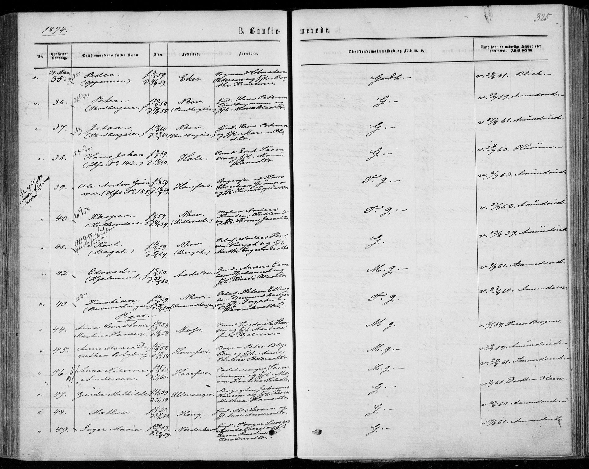 Norderhov kirkebøker, AV/SAKO-A-237/F/Fa/L0013: Parish register (official) no. 13, 1866-1874, p. 325