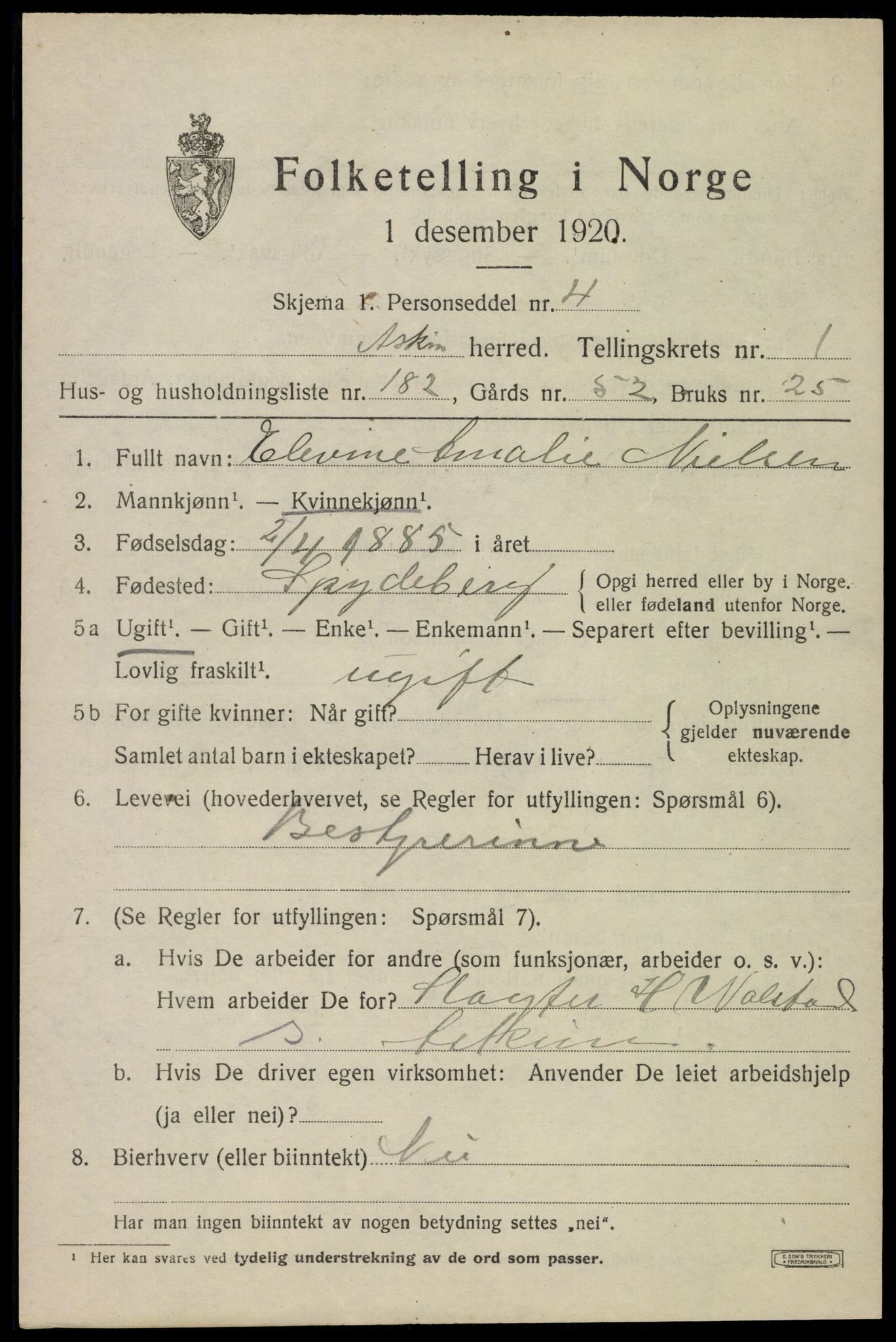 SAO, 1920 census for Askim, 1920, p. 4557