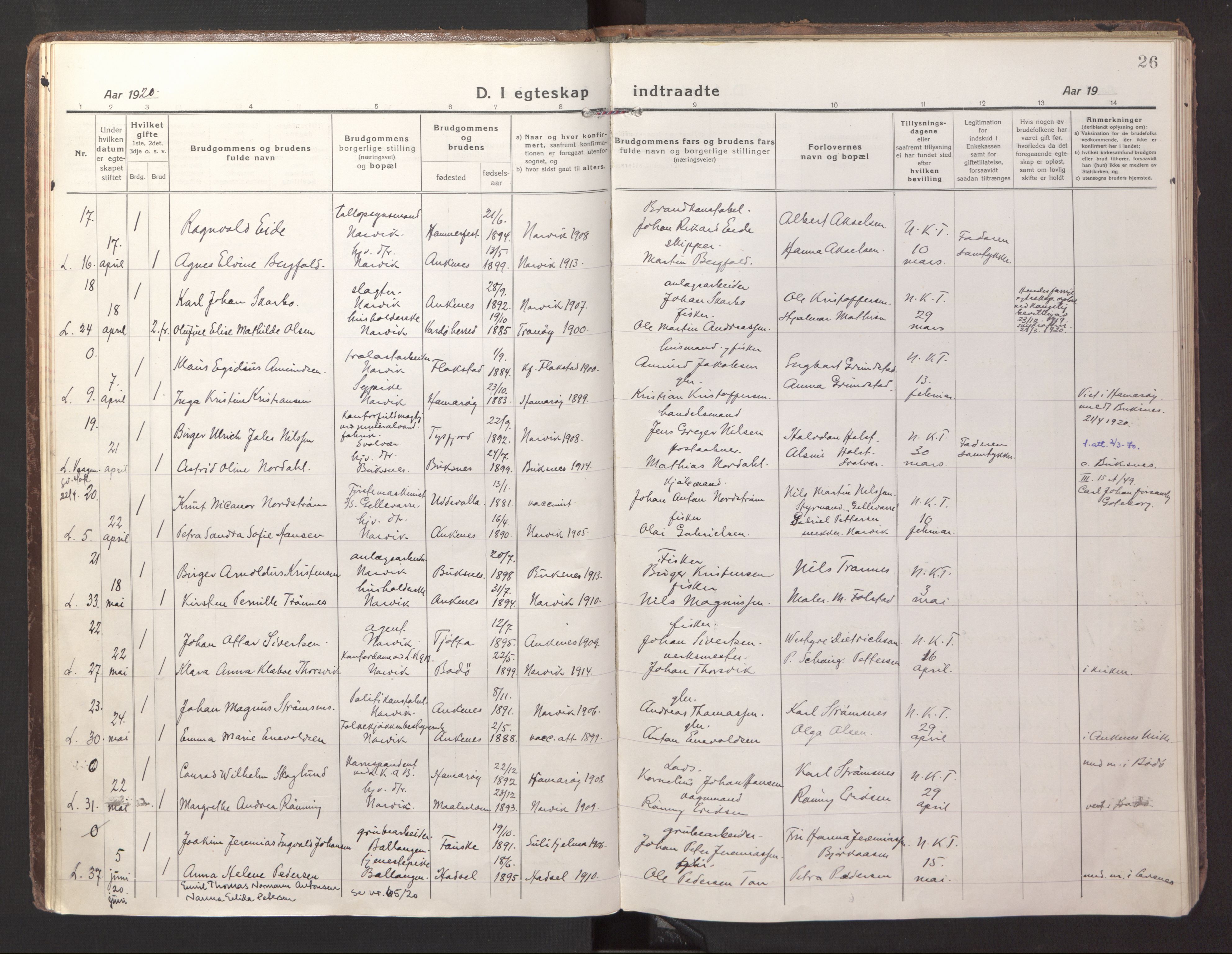 Ministerialprotokoller, klokkerbøker og fødselsregistre - Nordland, AV/SAT-A-1459/871/L1002: Parish register (official) no. 871A18, 1917-1926, p. 26