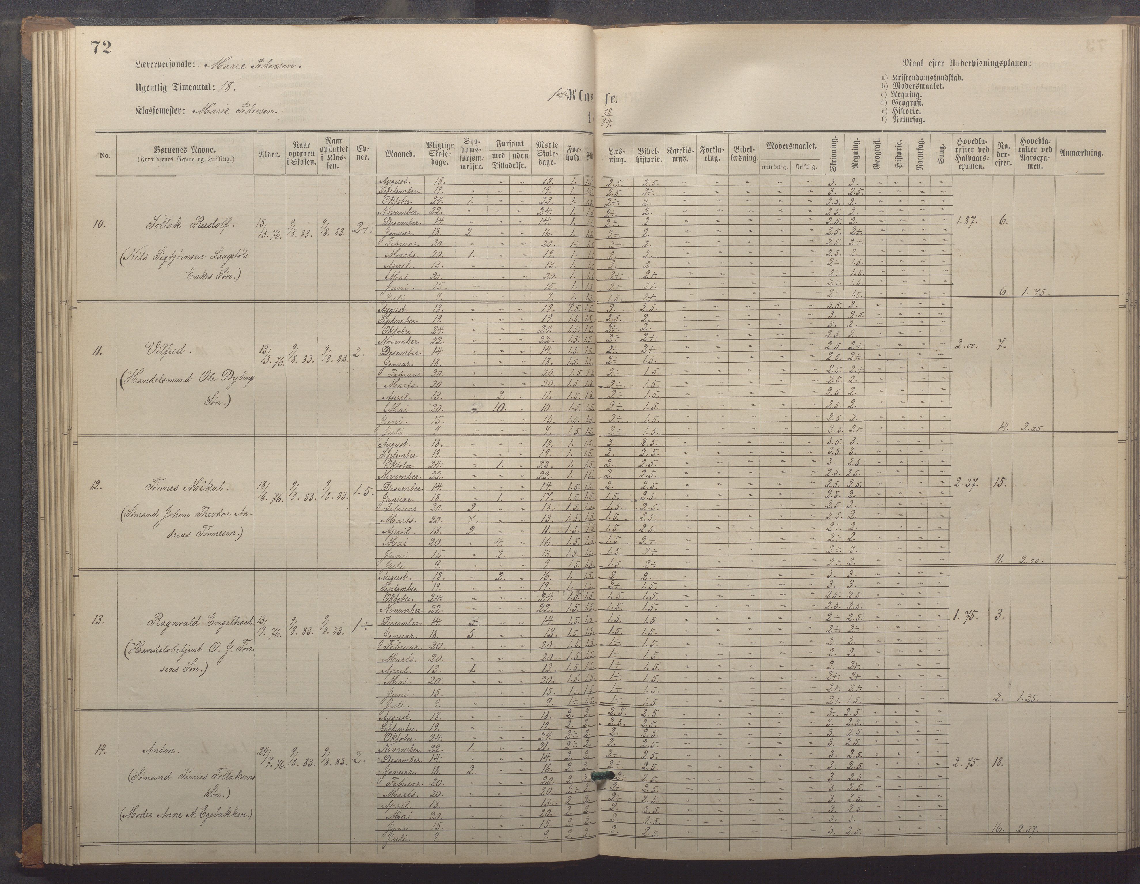 Egersund kommune (Ladested) - Egersund almueskole/folkeskole, IKAR/K-100521/H/L0018: Skoleprotokoll - Almueskolen, småbarnklasse, 1878-1889, p. 72