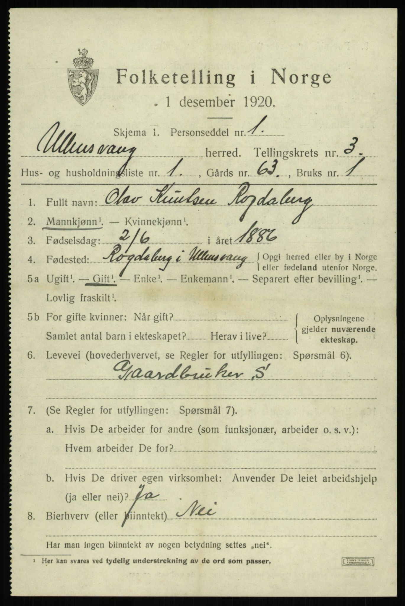 SAB, 1920 census for Ullensvang, 1920, p. 1718