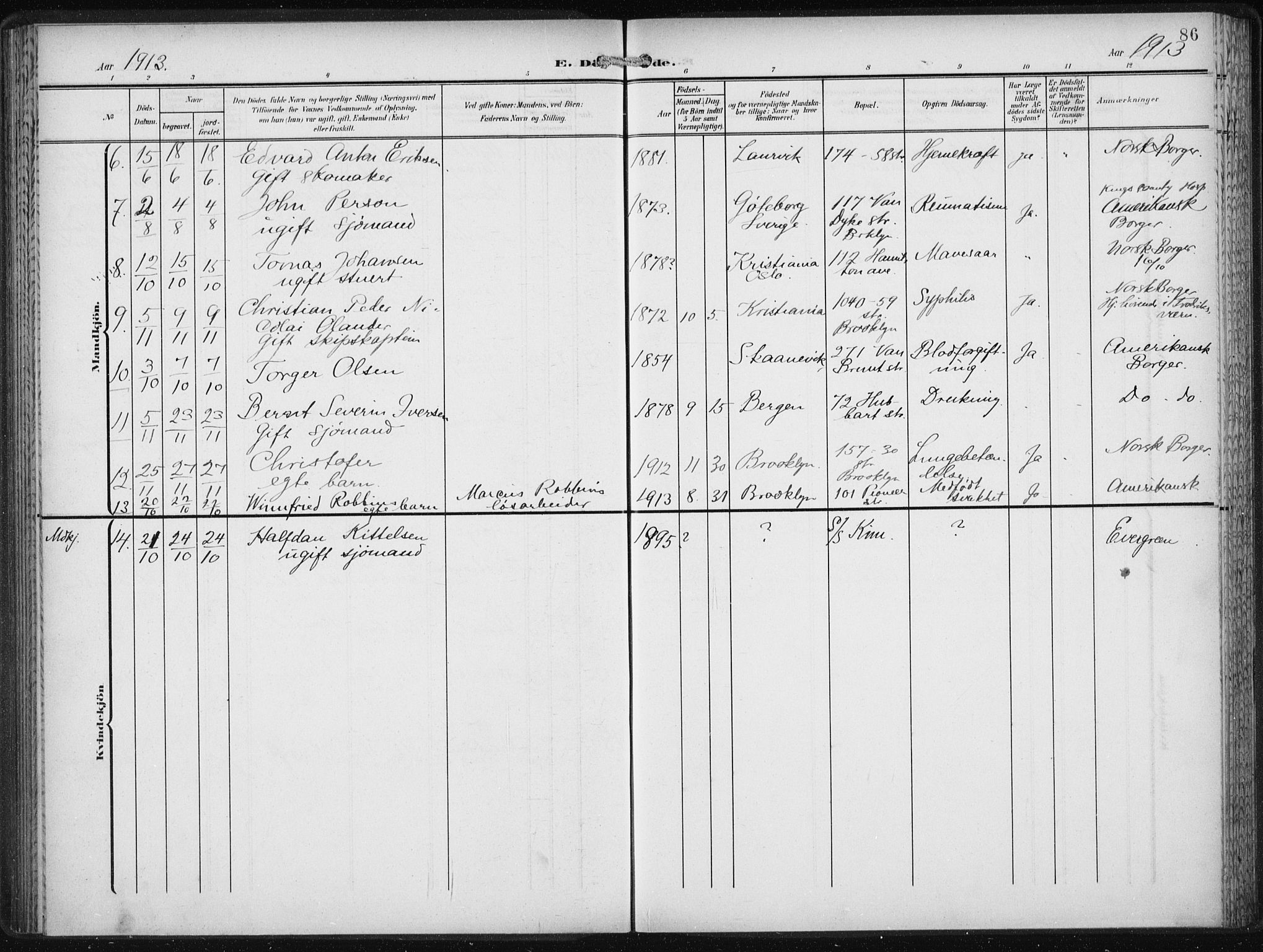 Den norske sjømannsmisjon i utlandet/New York, AV/SAB-SAB/PA-0110/H/Ha/L0006: Parish register (official) no. A 6, 1909-1914, p. 86