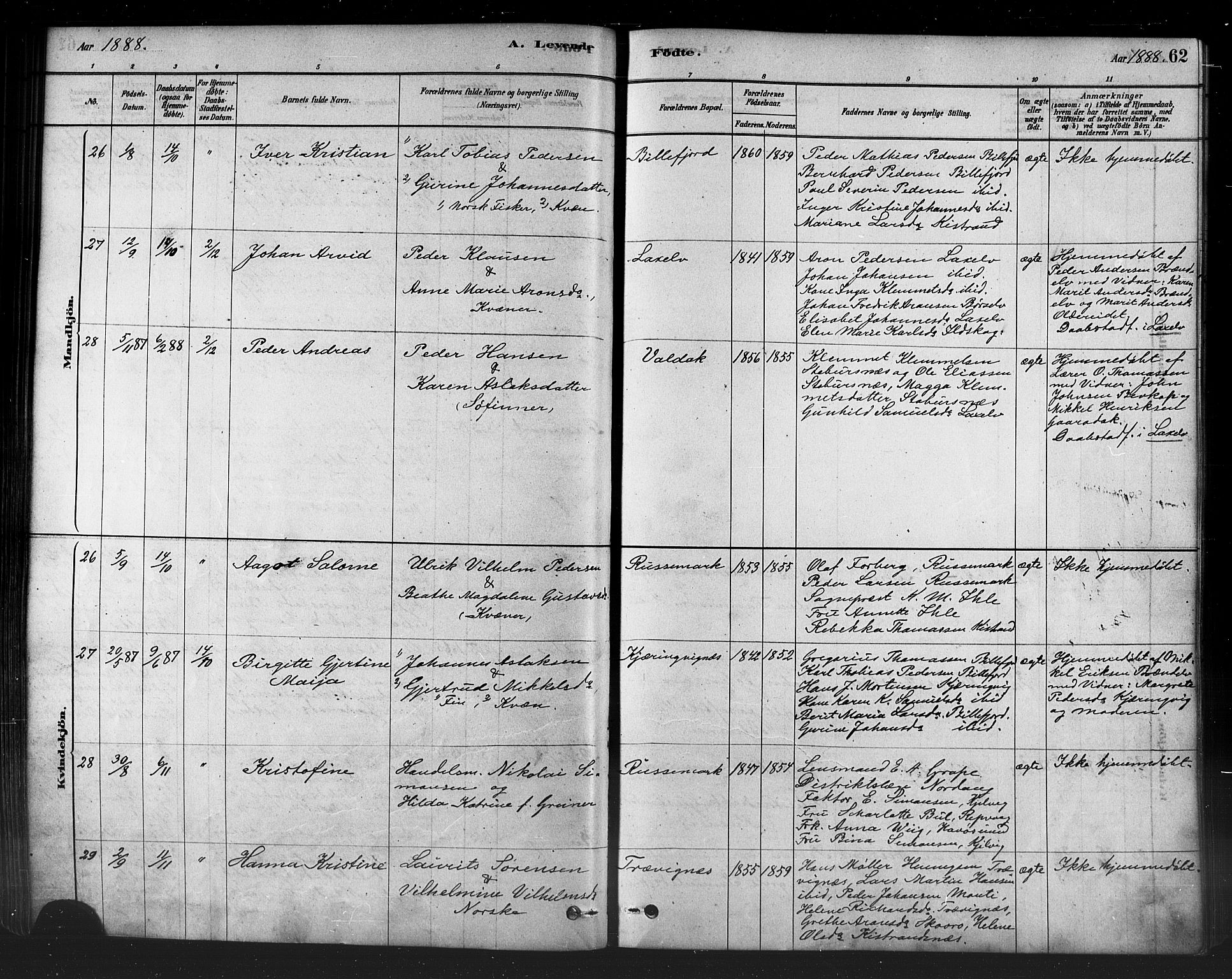 Kistrand/Porsanger sokneprestembete, AV/SATØ-S-1351/H/Ha/L0007.kirke: Parish register (official) no. 7, 1881-1889, p. 62