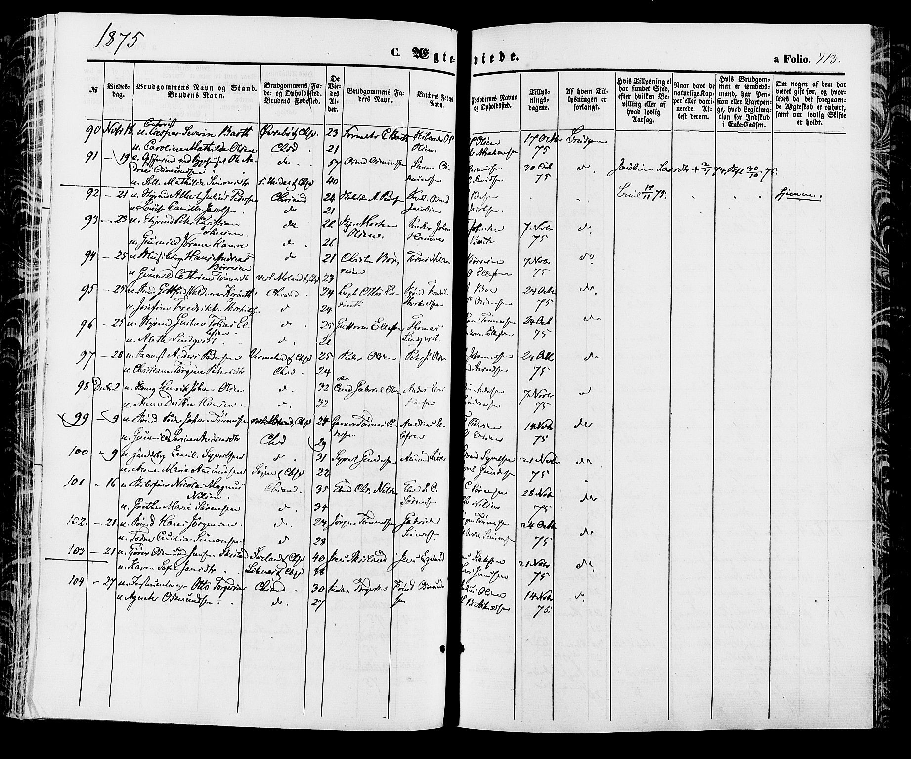 Kristiansand domprosti, AV/SAK-1112-0006/F/Fa/L0015: Parish register (official) no. A 15, 1867-1880, p. 413