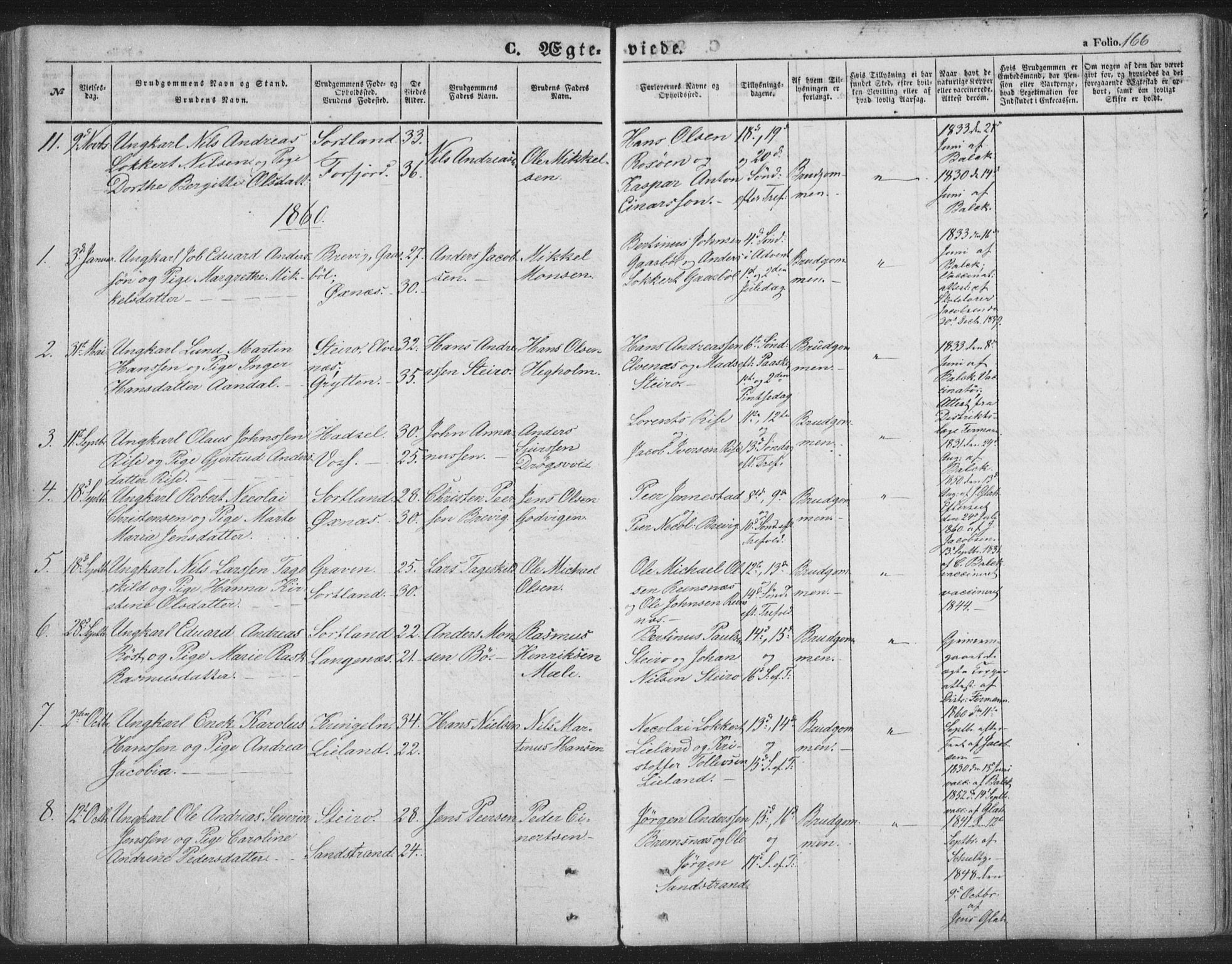 Ministerialprotokoller, klokkerbøker og fødselsregistre - Nordland, SAT/A-1459/895/L1369: Parish register (official) no. 895A04, 1852-1872, p. 166