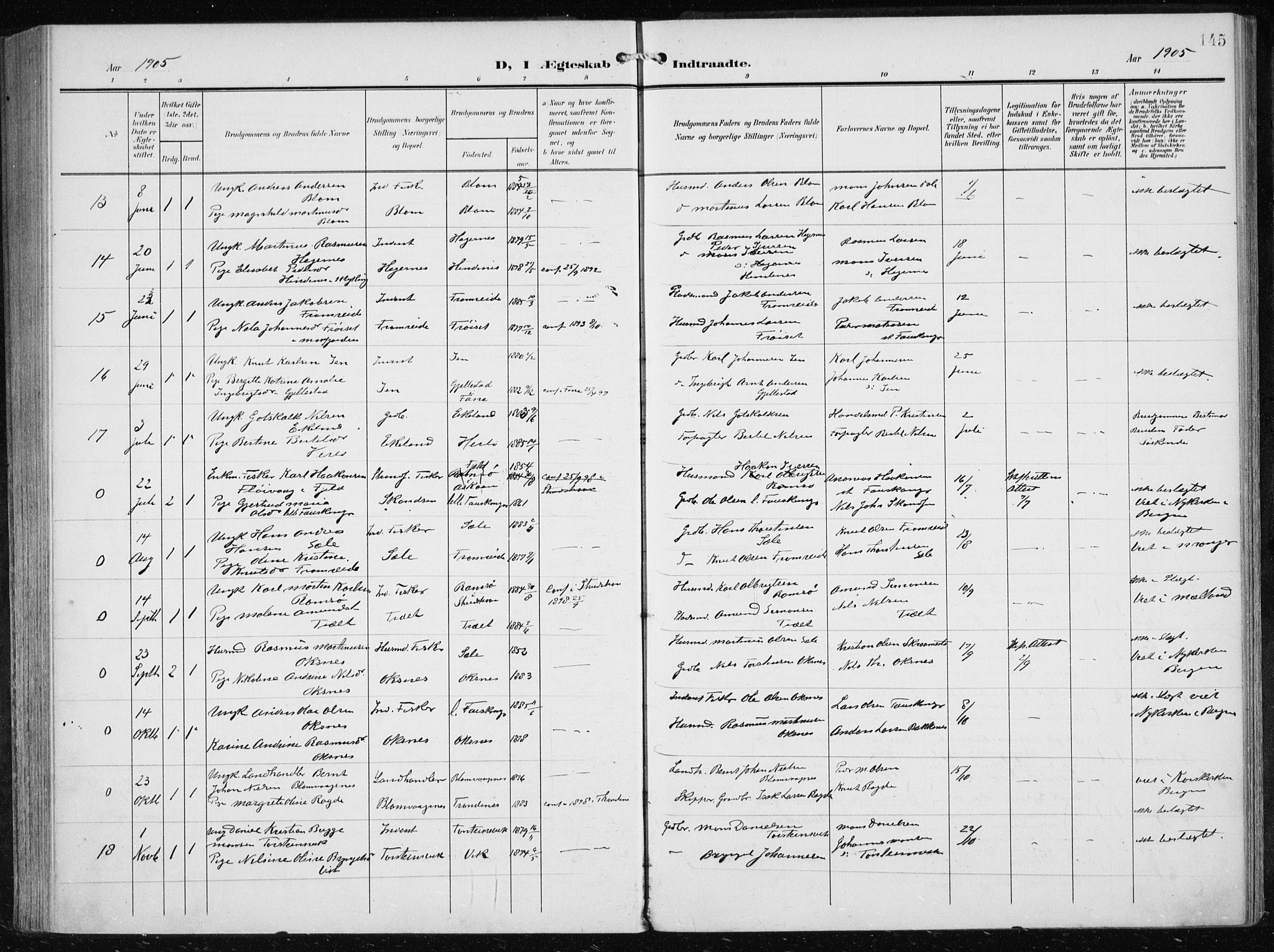 Herdla Sokneprestembete, AV/SAB-A-75701/H/Haa: Parish register (official) no. A 5, 1905-1918, p. 145