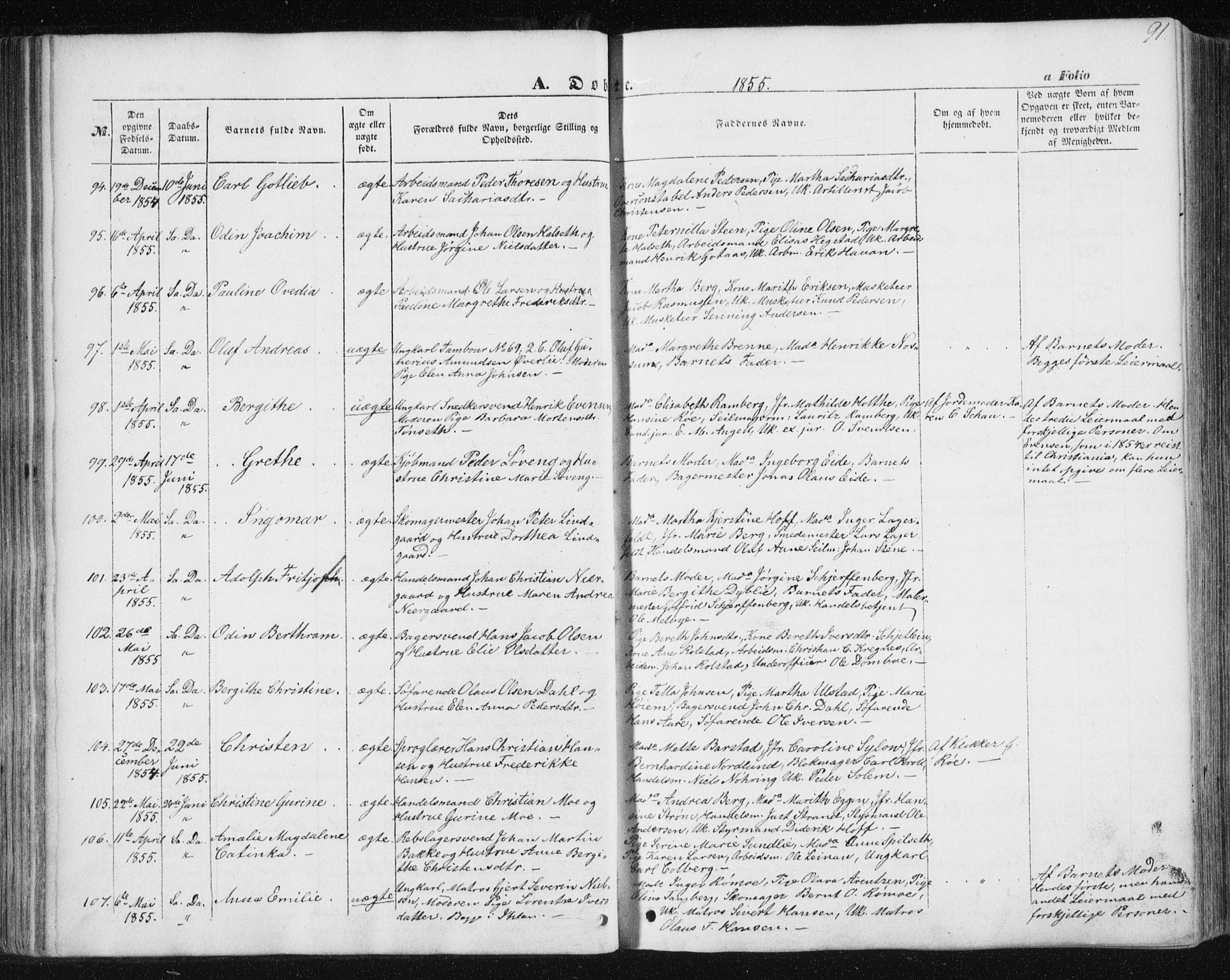 Ministerialprotokoller, klokkerbøker og fødselsregistre - Sør-Trøndelag, SAT/A-1456/602/L0112: Parish register (official) no. 602A10, 1848-1859, p. 91