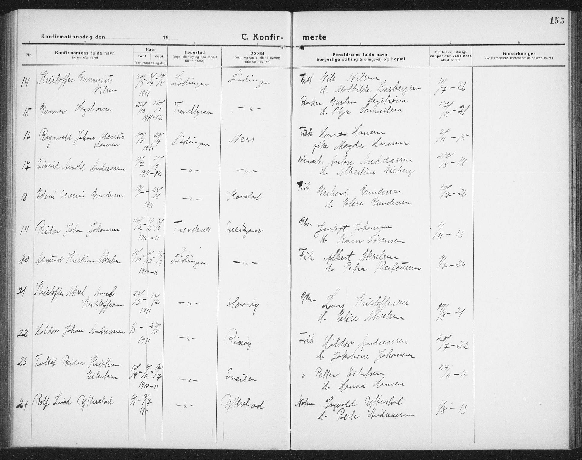 Ministerialprotokoller, klokkerbøker og fødselsregistre - Nordland, AV/SAT-A-1459/872/L1049: Parish register (copy) no. 872C05, 1920-1938, p. 155