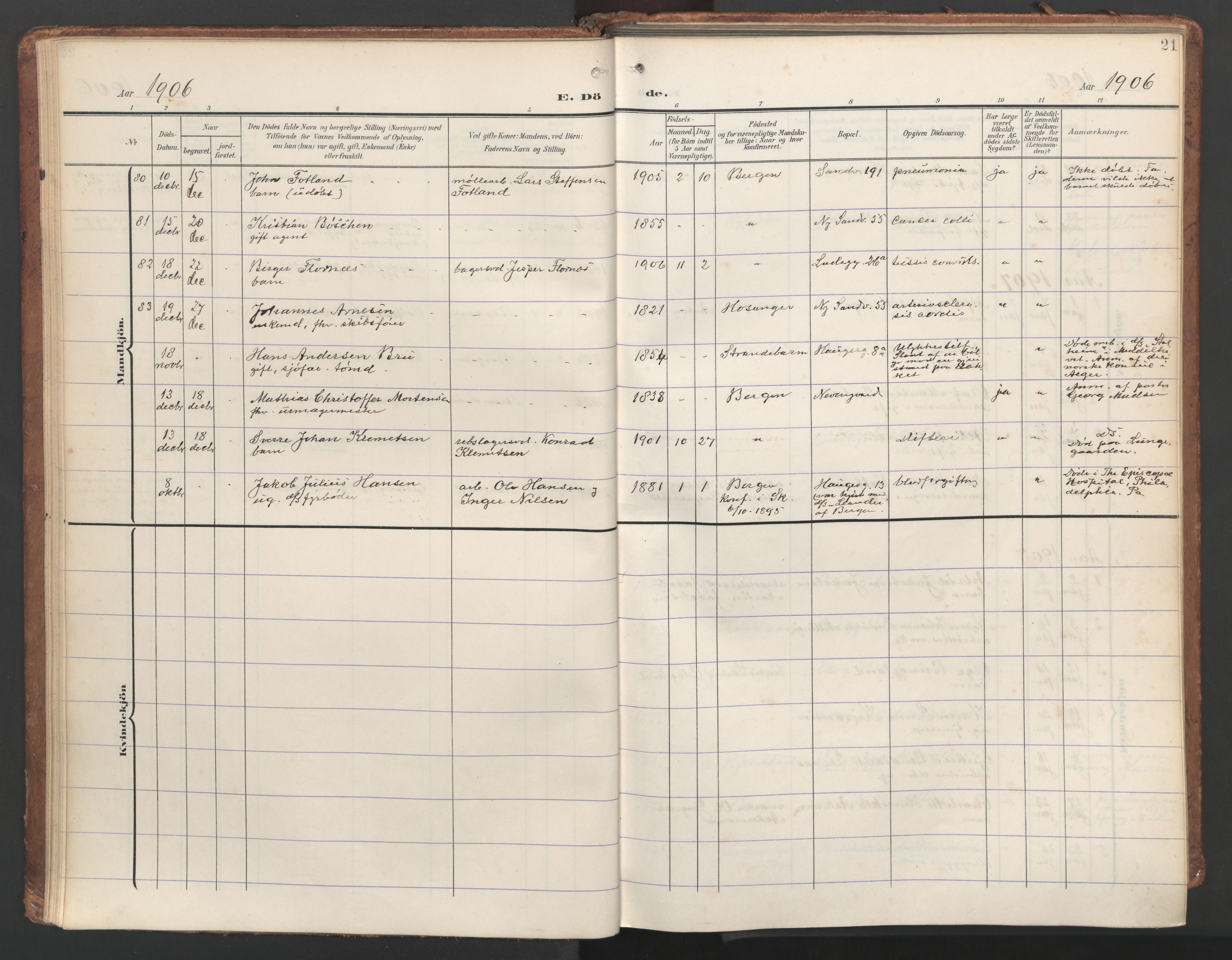 Sandviken Sokneprestembete, AV/SAB-A-77601/H/Ha/L0019: Parish register (official) no. E 2, 1905-1933, p. 21