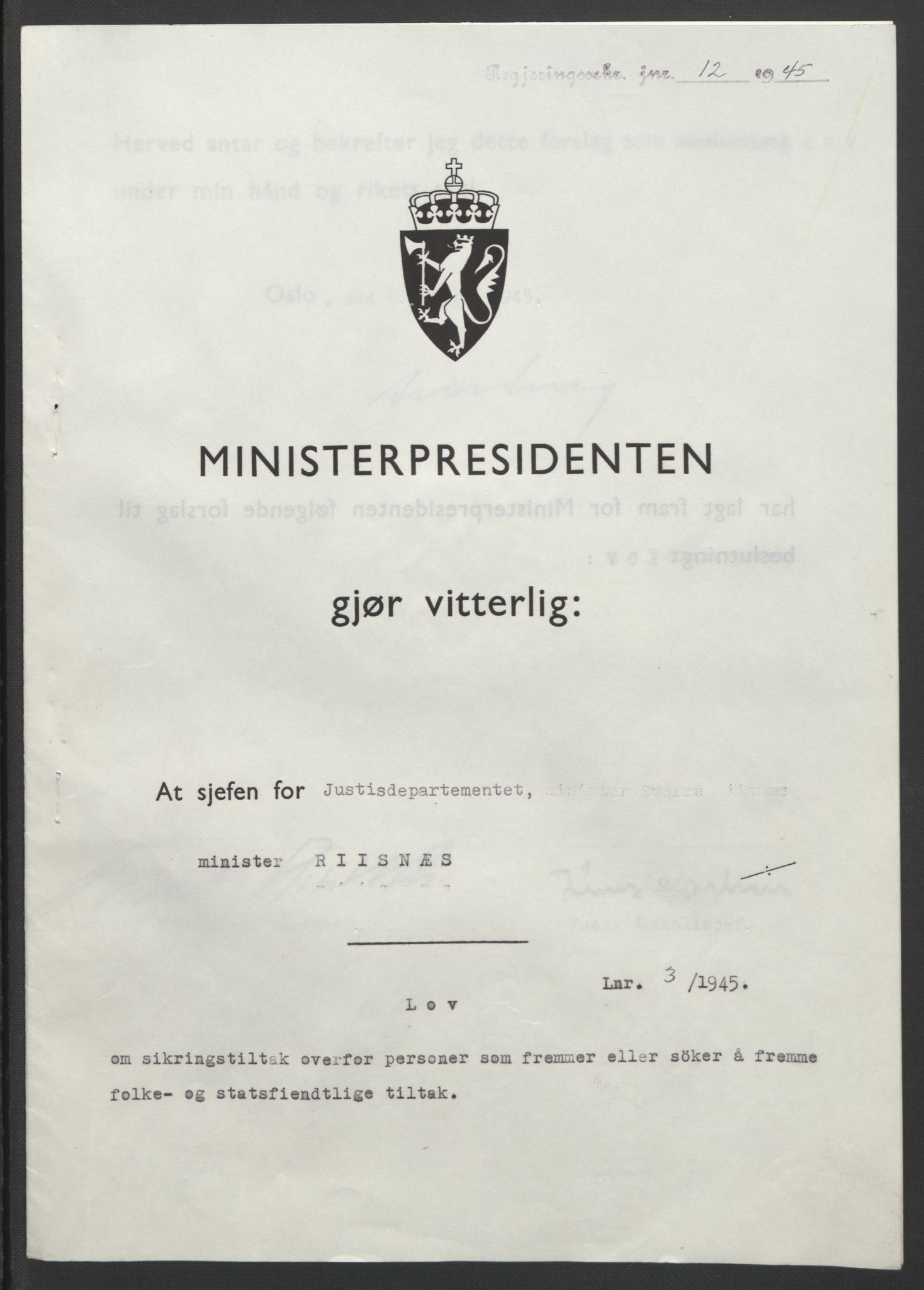 NS-administrasjonen 1940-1945 (Statsrådsekretariatet, de kommisariske statsråder mm), RA/S-4279/D/Db/L0101/0001: -- / Lover og vedtak, 1945, p. 11