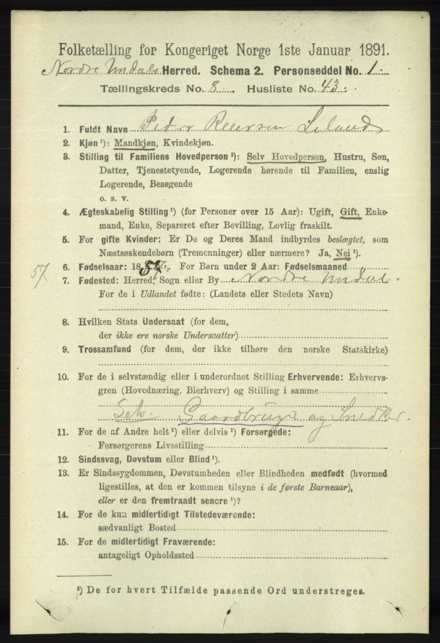 RA, 1891 census for 1028 Nord-Audnedal, 1891, p. 2292