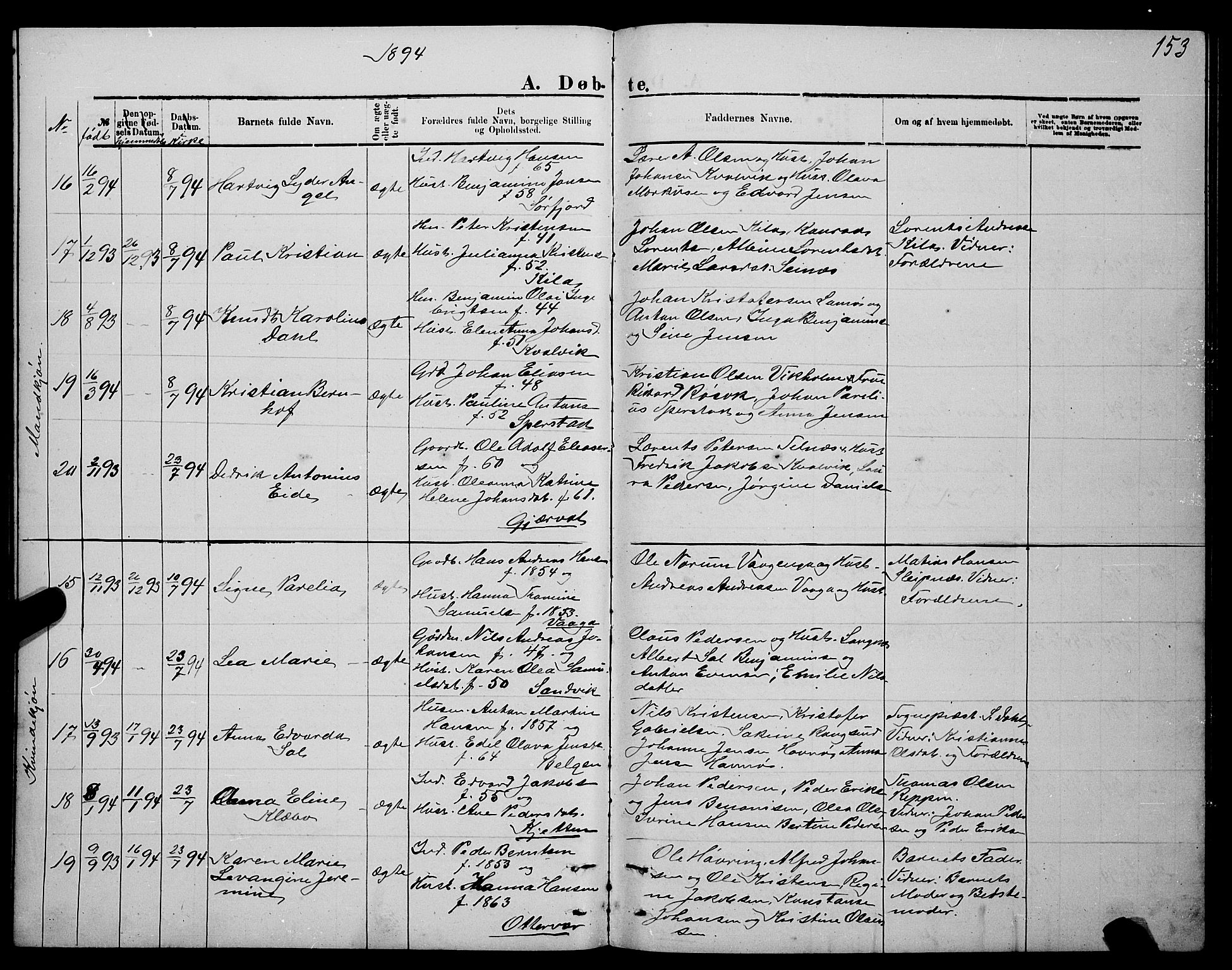 Ministerialprotokoller, klokkerbøker og fødselsregistre - Nordland, AV/SAT-A-1459/841/L0620: Parish register (copy) no. 841C04, 1877-1896, p. 153