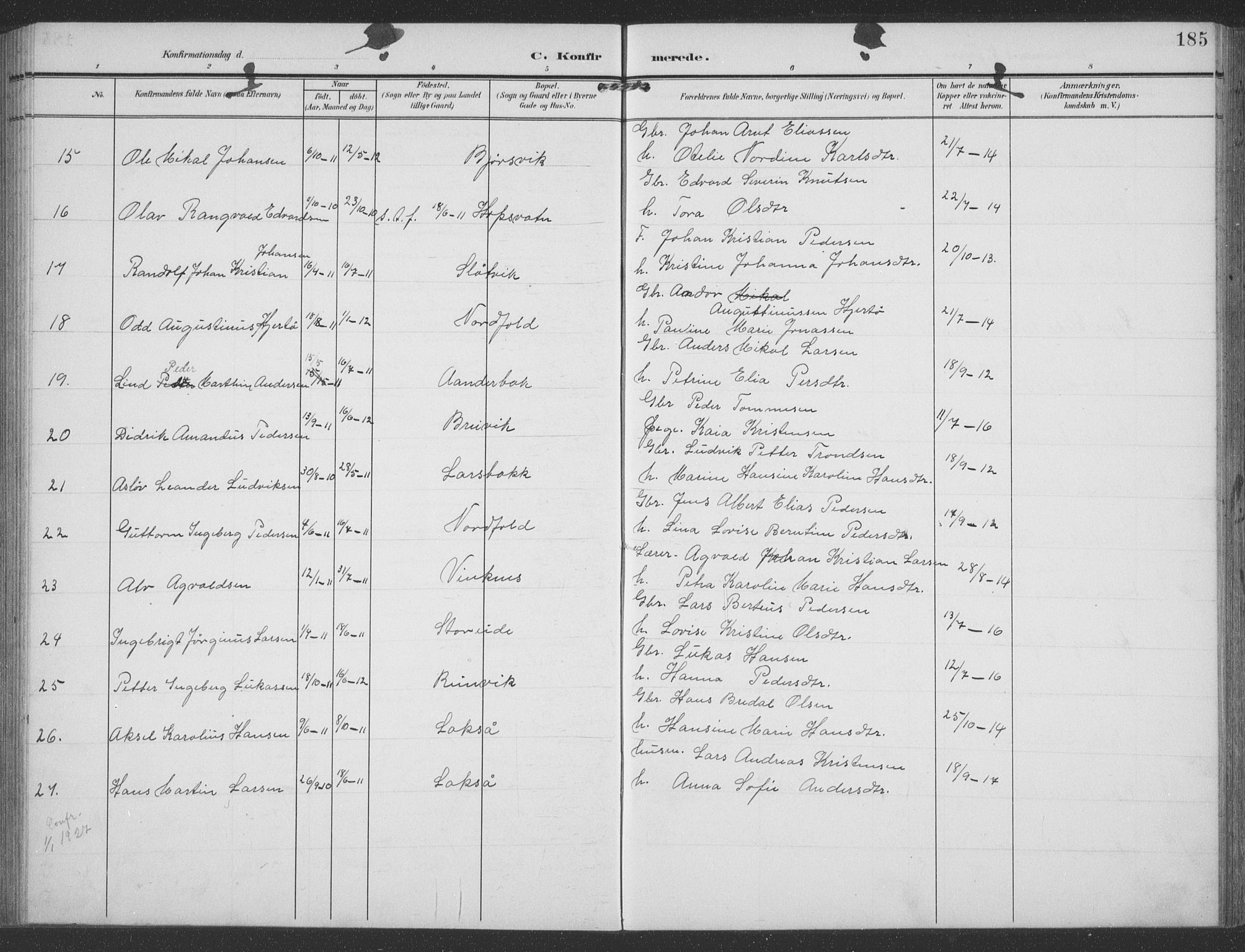 Ministerialprotokoller, klokkerbøker og fødselsregistre - Nordland, AV/SAT-A-1459/858/L0835: Parish register (copy) no. 858C02, 1904-1940, p. 185