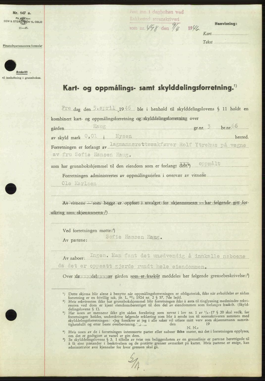 Rakkestad sorenskriveri, AV/SAO-A-10686/G/Gb/Gba/Gbab/L0012a: Mortgage book no. A12 I, 1945-1946, Diary no: : 498/1946