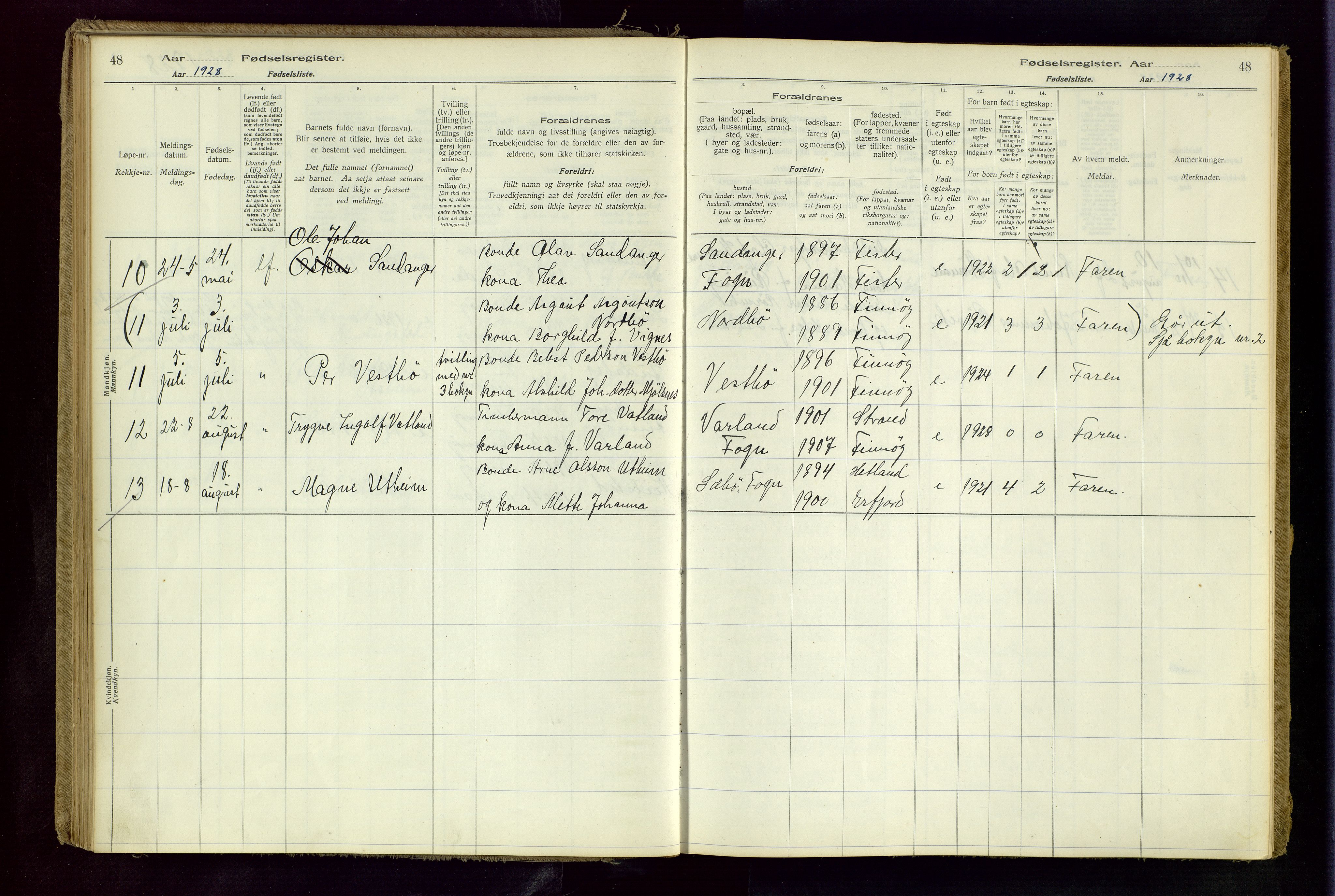 Finnøy sokneprestkontor, AV/SAST-A-101825/I/Id/L0001: Birth register no. 1, 1916-1977, p. 48