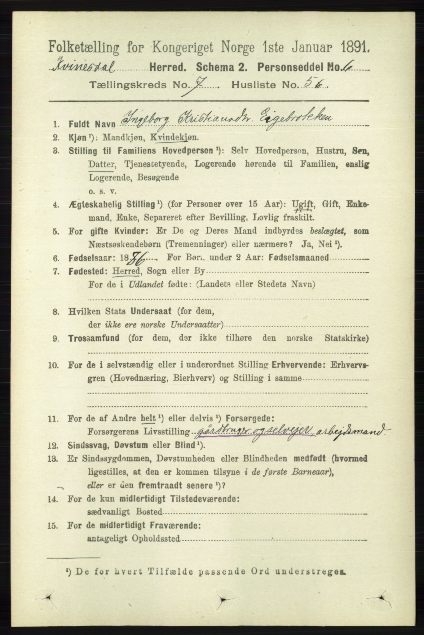 RA, 1891 census for 1037 Kvinesdal, 1891, p. 2451