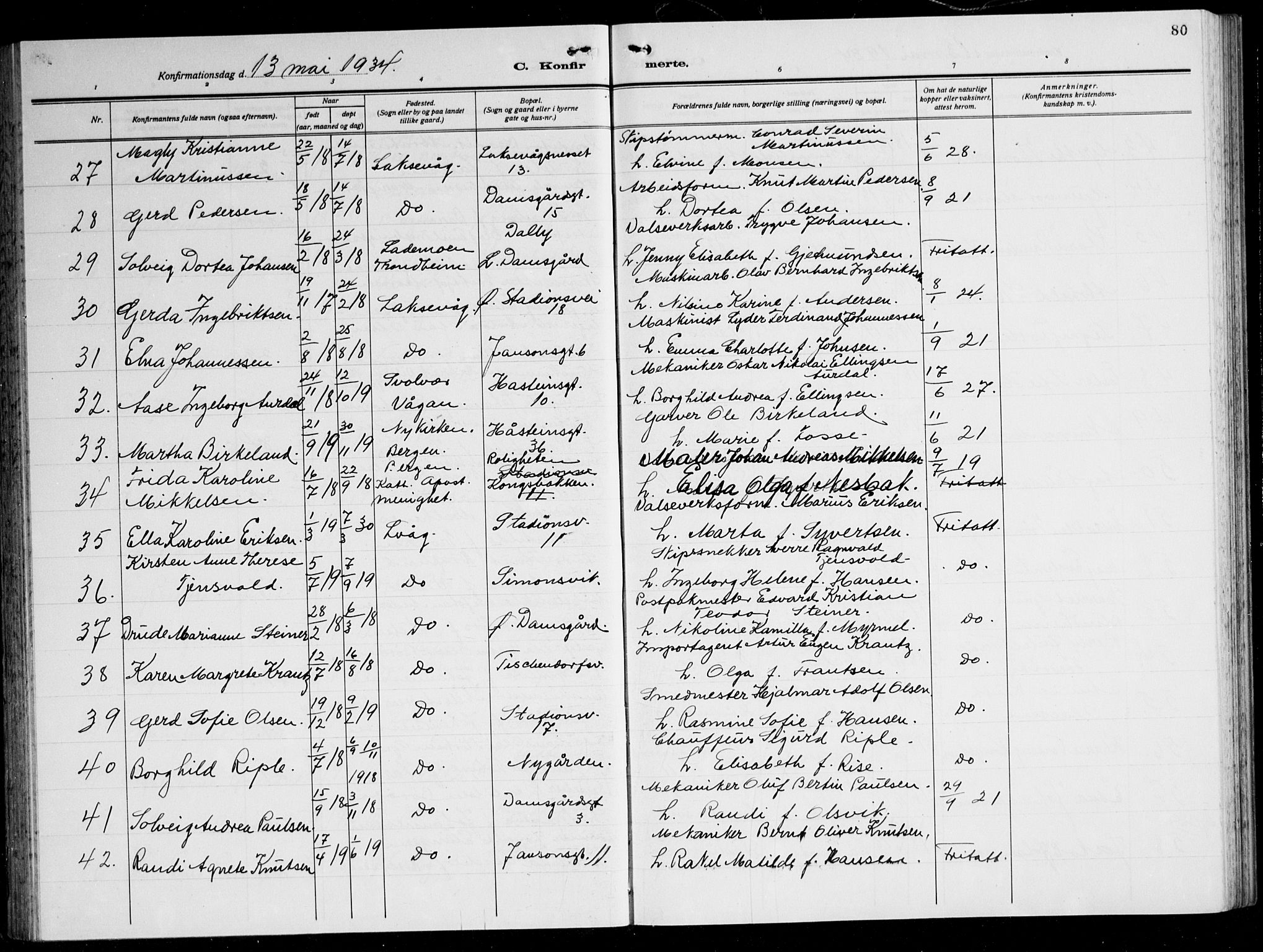 Laksevåg Sokneprestembete, AV/SAB-A-76501/H/Ha/Hab/Haba: Parish register (copy) no. A 10, 1925-1942, p. 80