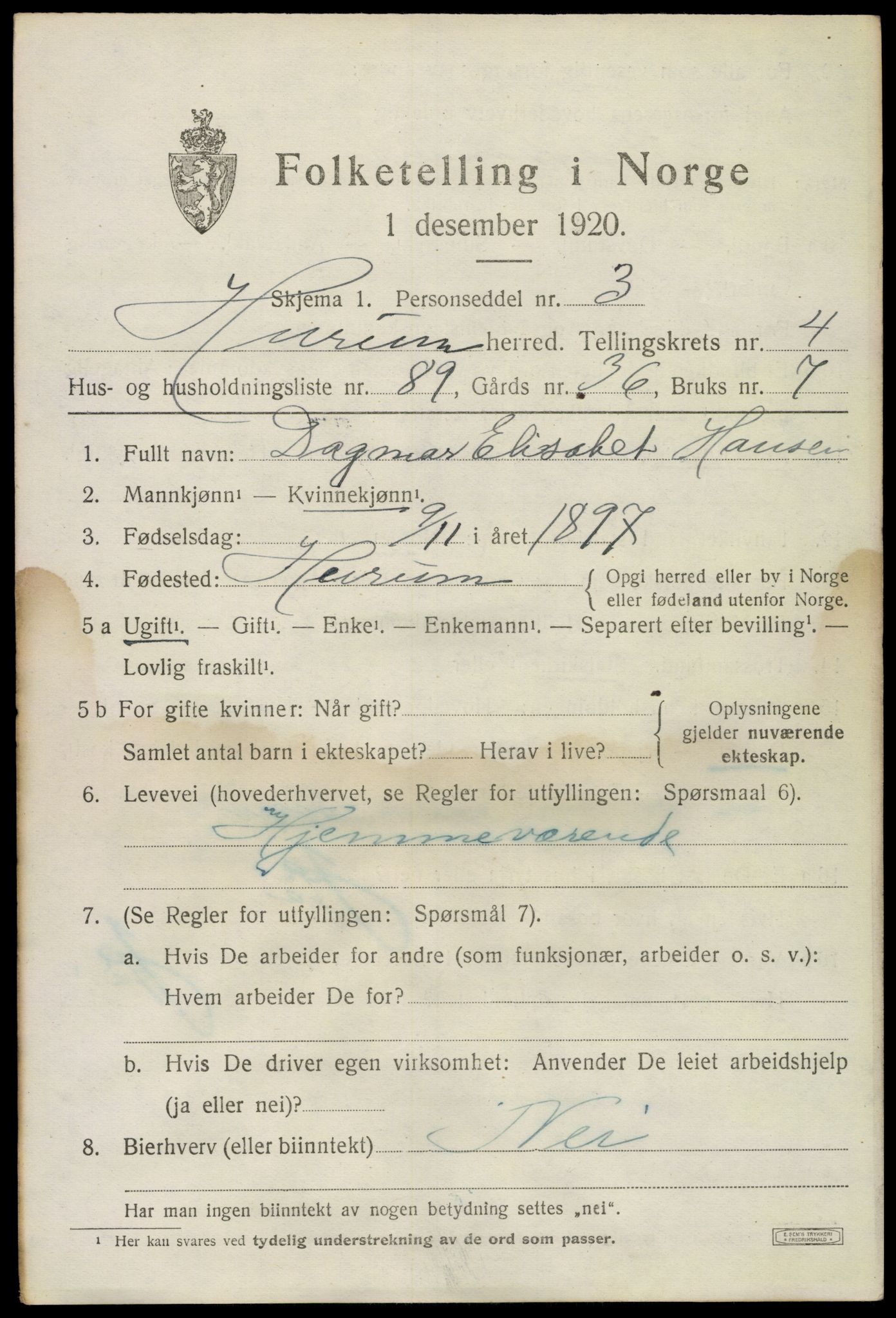 SAKO, 1920 census for Hurum, 1920, p. 10116