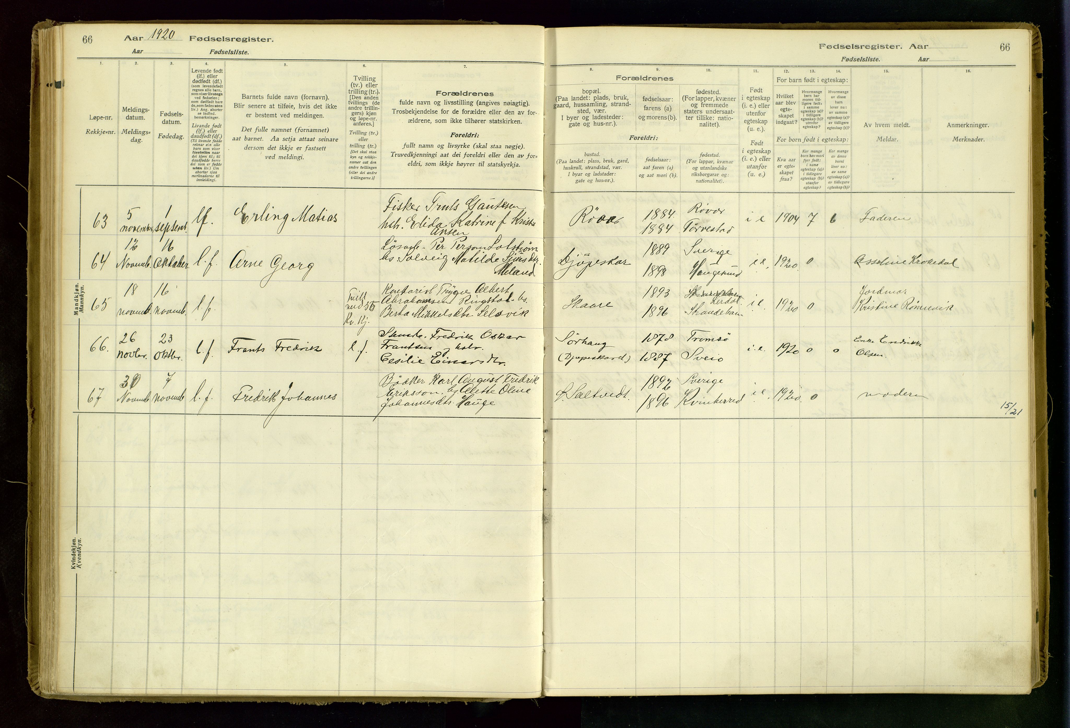 Haugesund sokneprestkontor, AV/SAST-A -101863/I/Id/L0001: Birth register no. 1, 1916-1935, p. 66