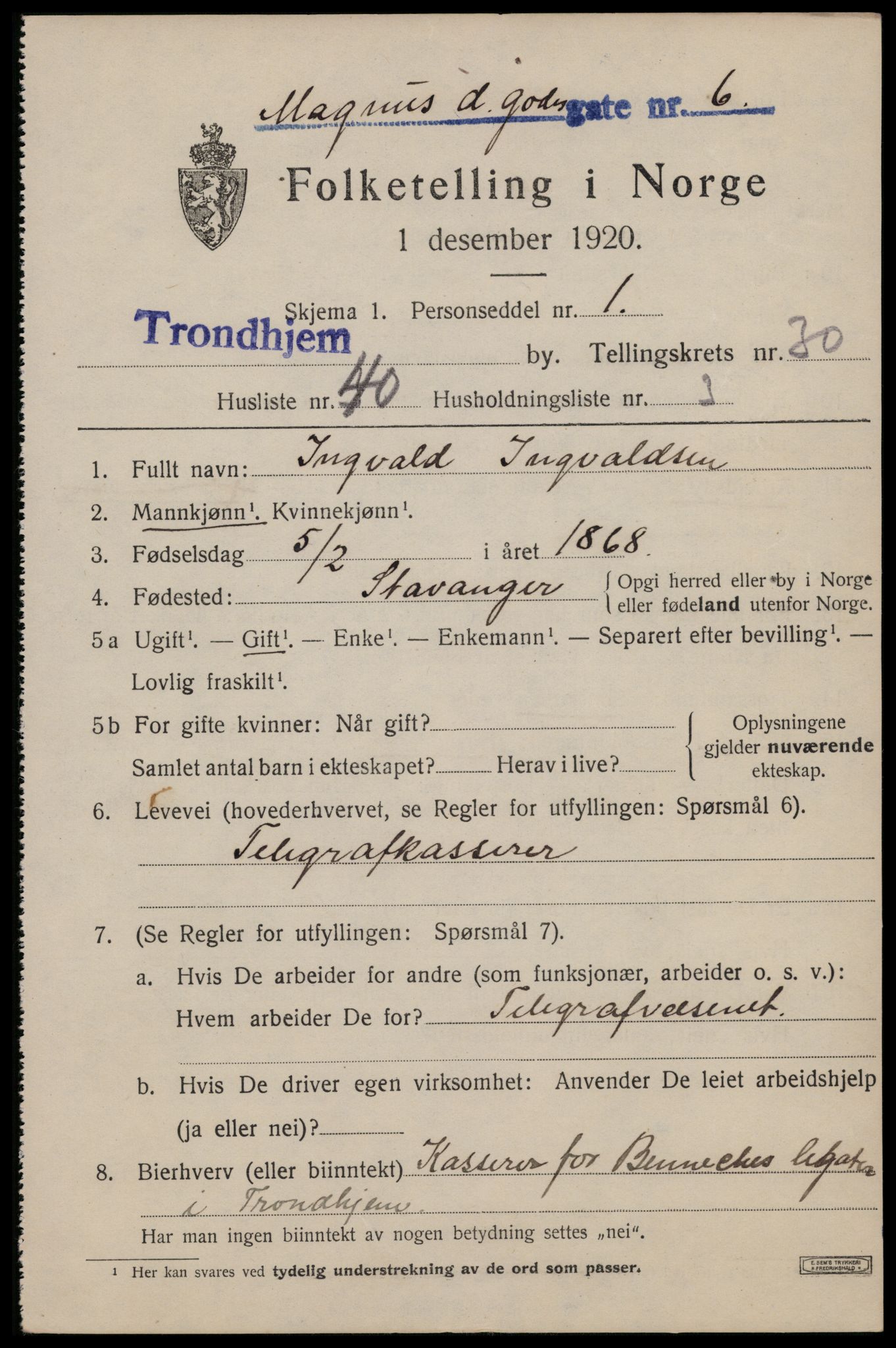 SAT, 1920 census for Trondheim, 1920, p. 73538