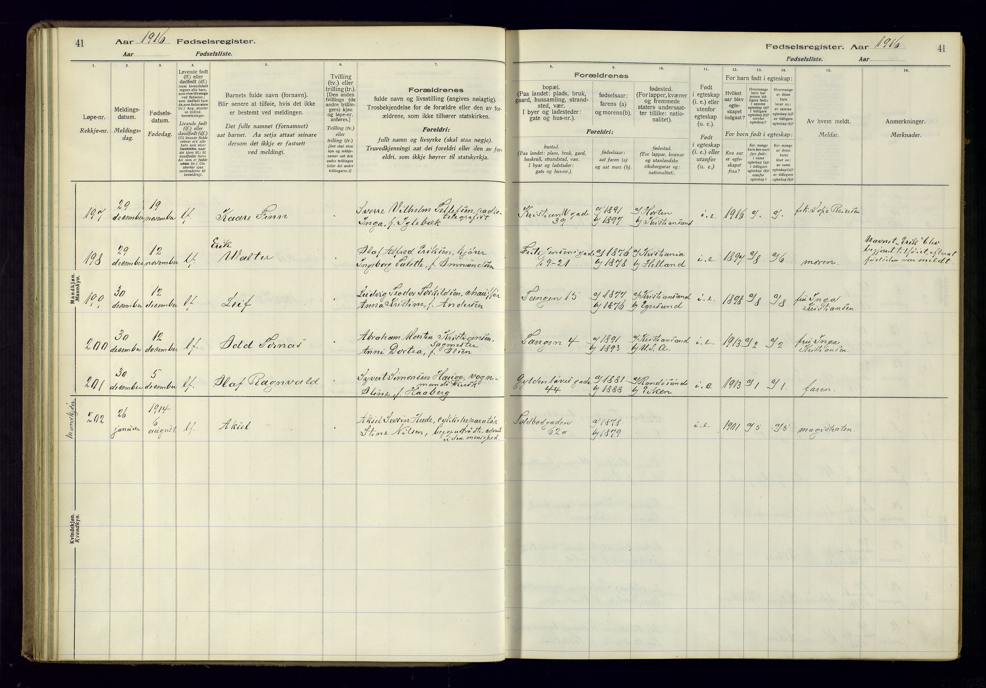 Kristiansand domprosti, AV/SAK-1112-0006/J/Jc/L0001: Birth register no. A-VI-45, 1916-1921, p. 41