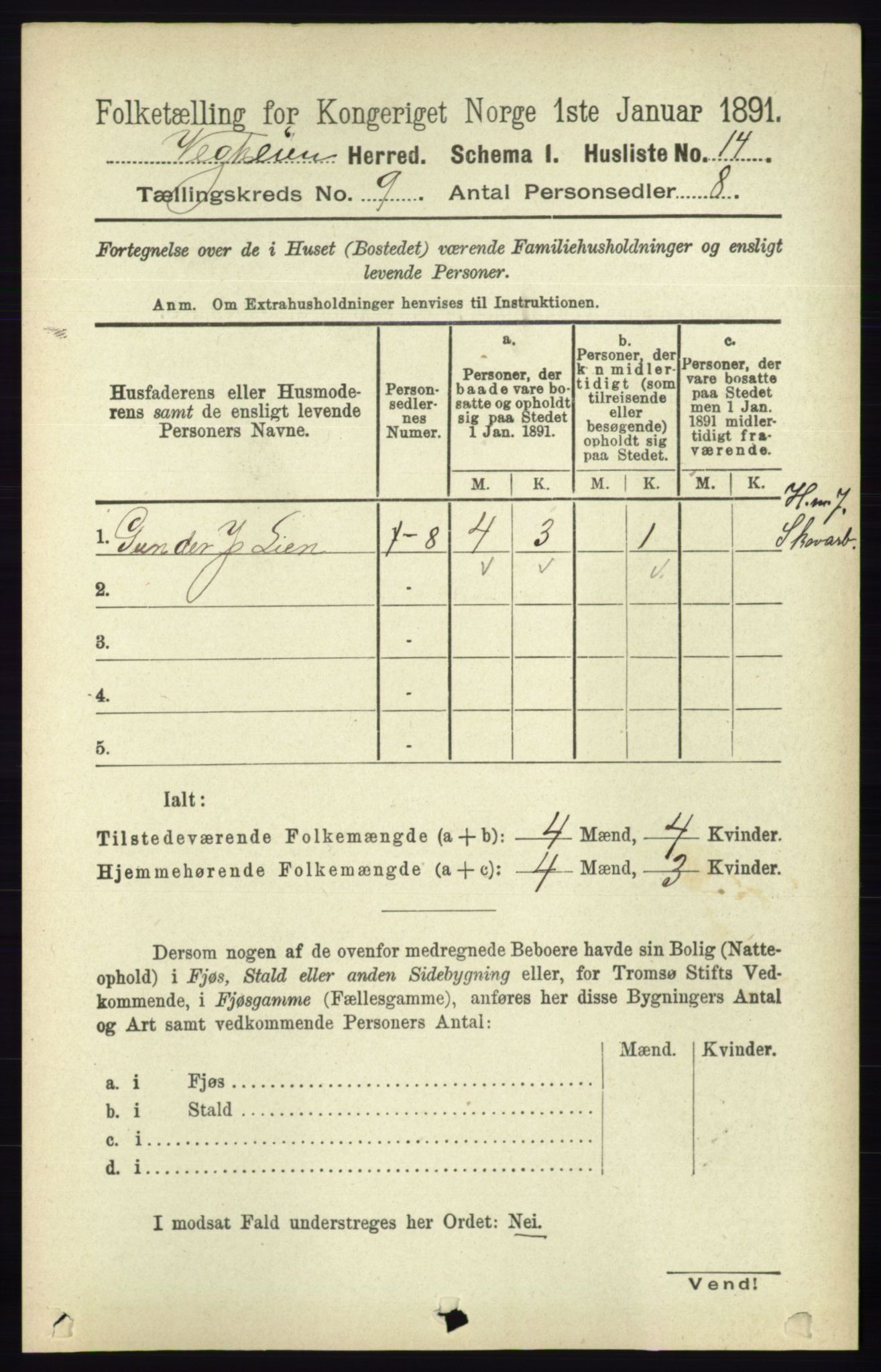 RA, 1891 census for 0912 Vegårshei, 1891, p. 1725