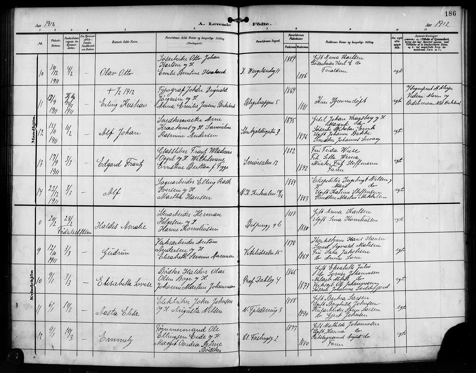 Korskirken sokneprestembete, AV/SAB-A-76101/H/Hab: Parish register (copy) no. B 11, 1905-1916, p. 186