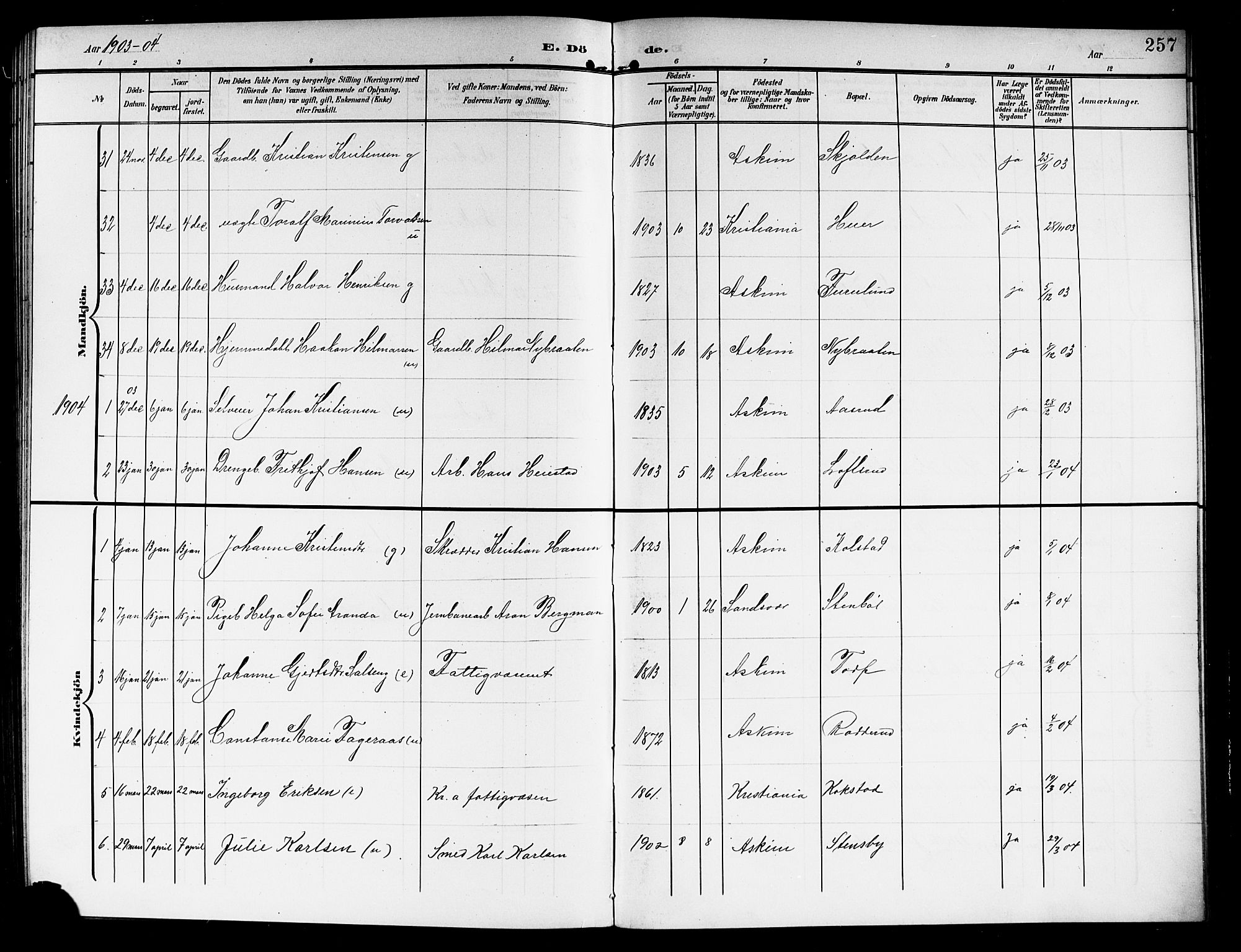 Askim prestekontor Kirkebøker, SAO/A-10900/G/Ga/L0002: Parish register (copy) no. 2, 1903-1921, p. 257