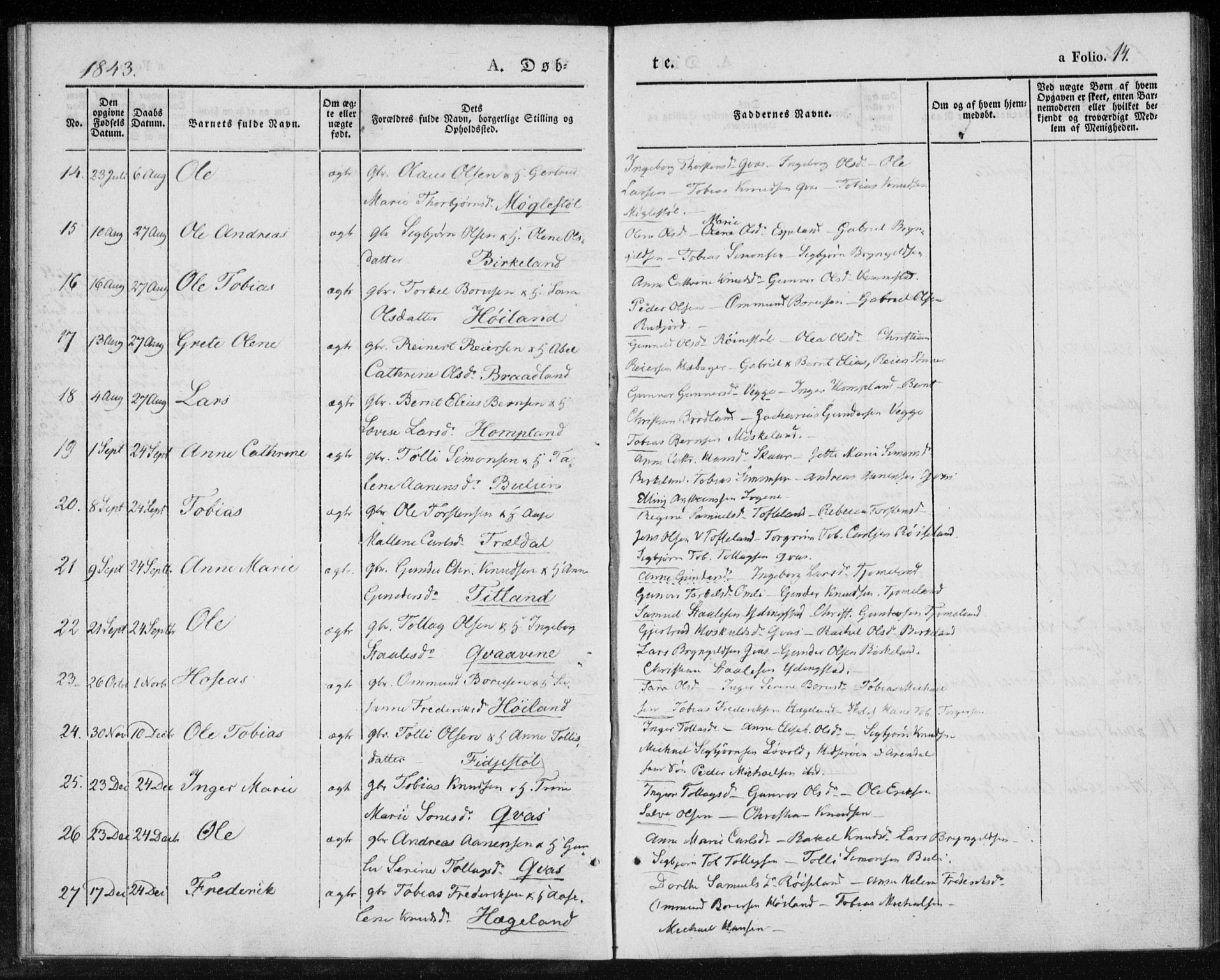 Lyngdal sokneprestkontor, AV/SAK-1111-0029/F/Fa/Fab/L0001: Parish register (official) no. A 1, 1838-1860, p. 14