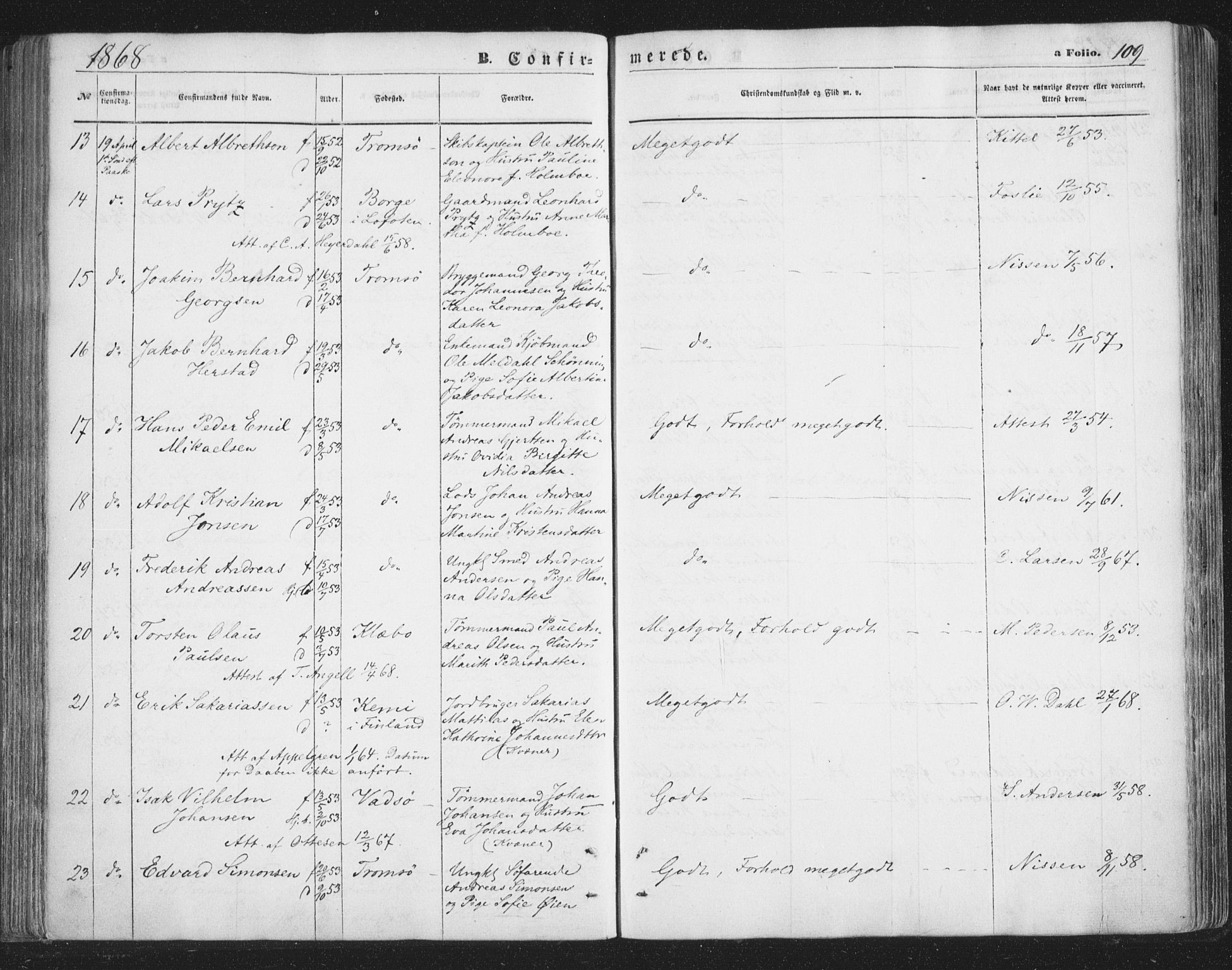 Tromsø sokneprestkontor/stiftsprosti/domprosti, SATØ/S-1343/G/Ga/L0012kirke: Parish register (official) no. 12, 1865-1871, p. 109