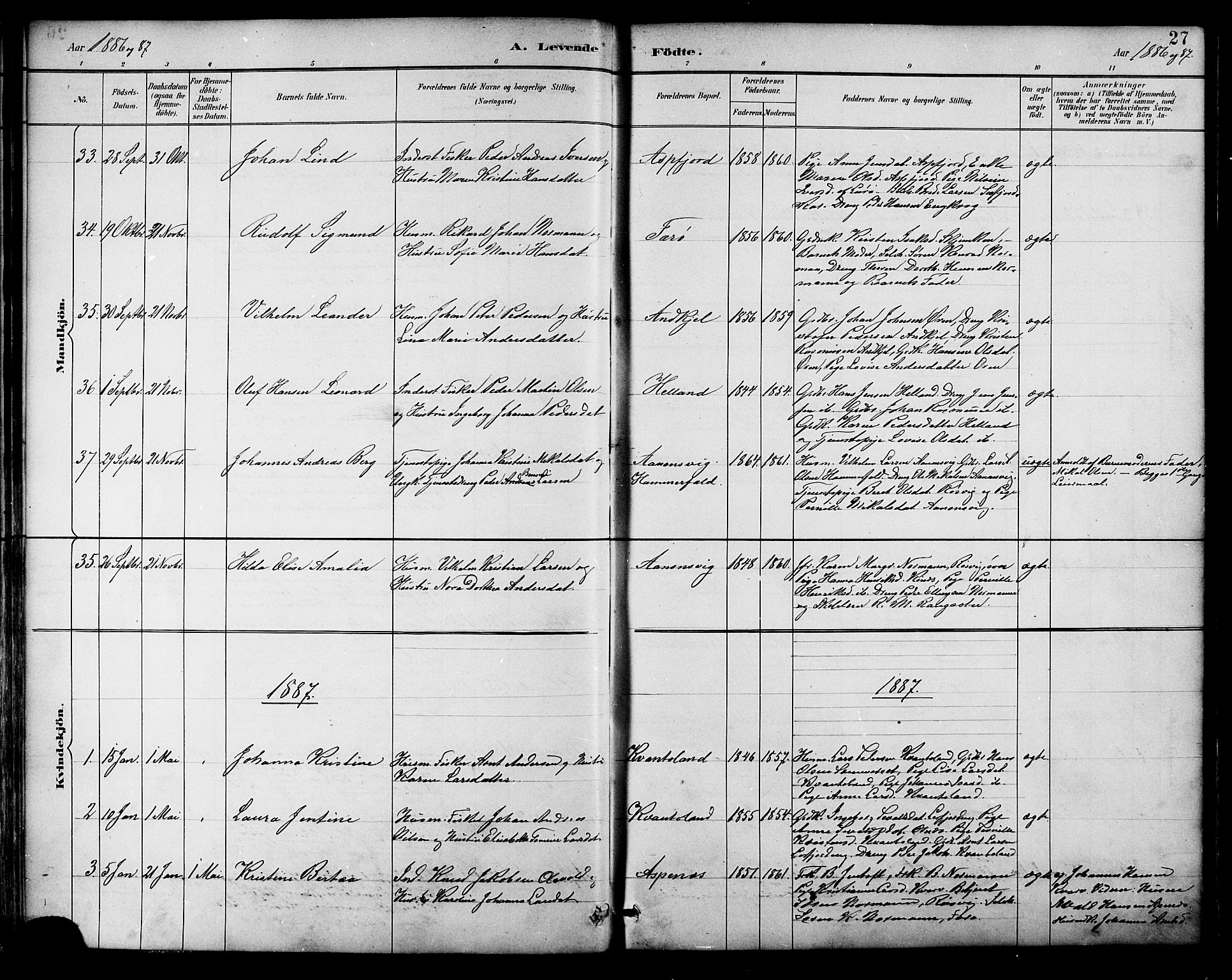 Ministerialprotokoller, klokkerbøker og fødselsregistre - Nordland, SAT/A-1459/854/L0777: Parish register (official) no. 854A01 /1, 1883-1891, p. 27