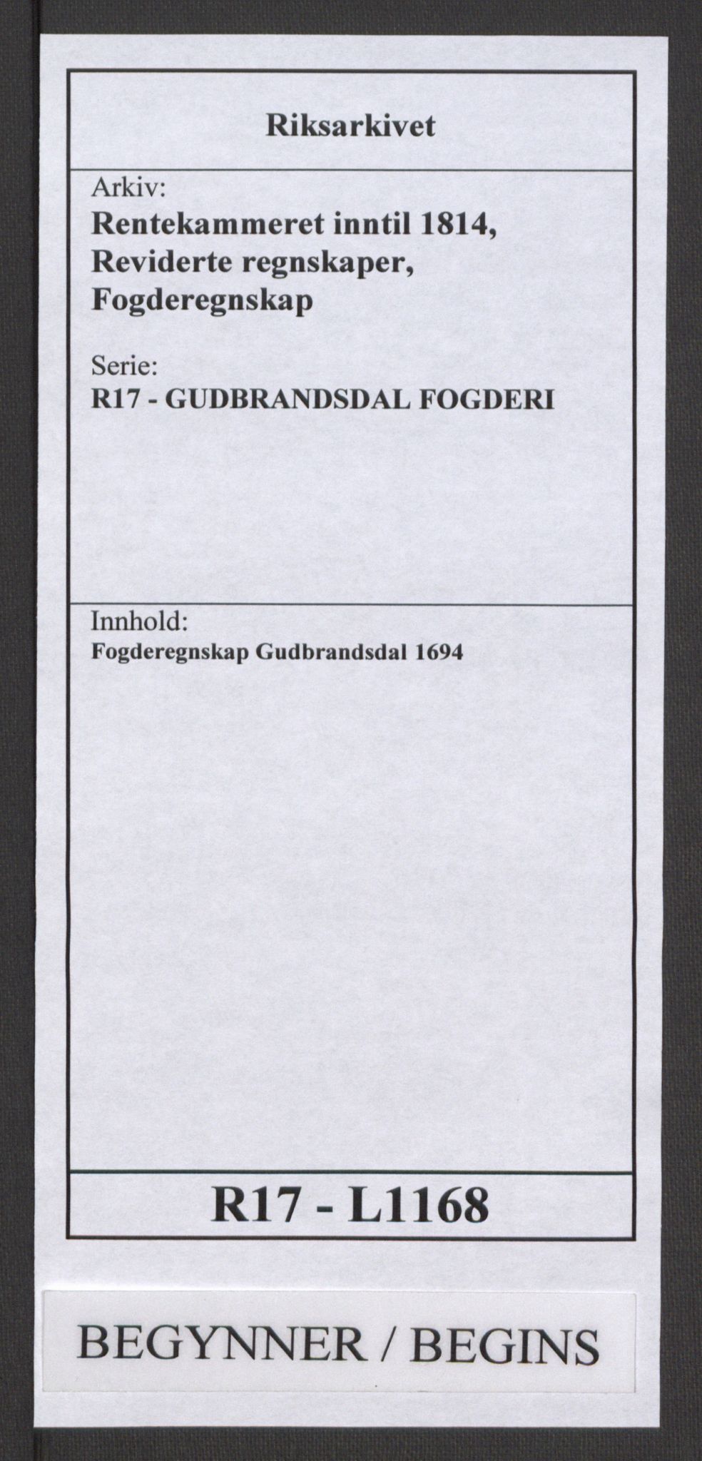 Rentekammeret inntil 1814, Reviderte regnskaper, Fogderegnskap, RA/EA-4092/R17/L1168: Fogderegnskap Gudbrandsdal, 1694, p. 1