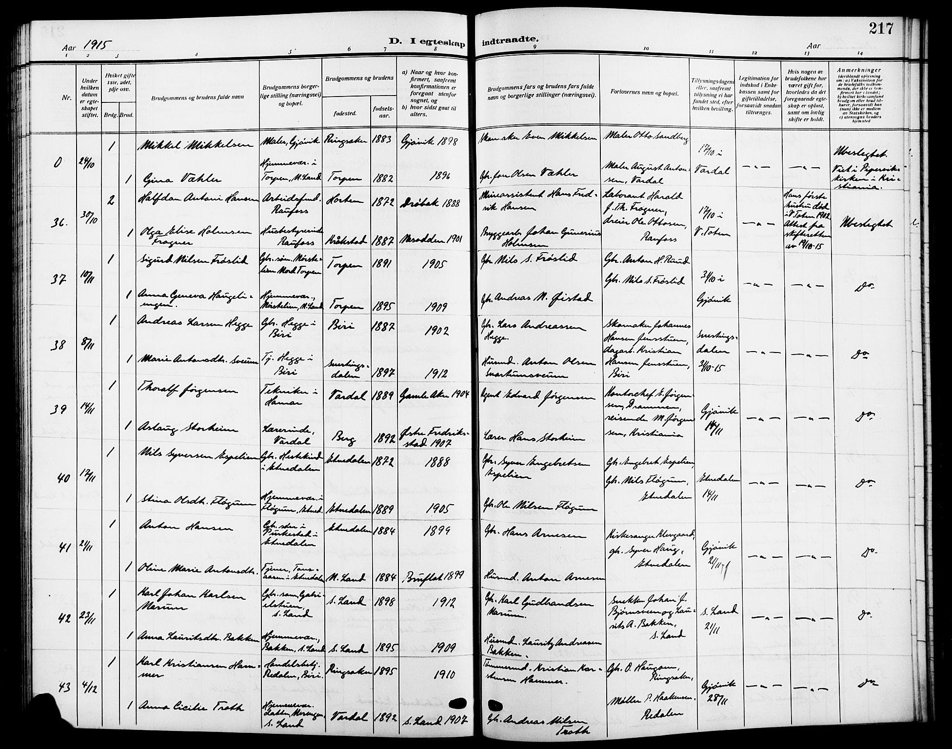 Vardal prestekontor, SAH/PREST-100/H/Ha/Hab/L0014: Parish register (copy) no. 14, 1911-1922, p. 217