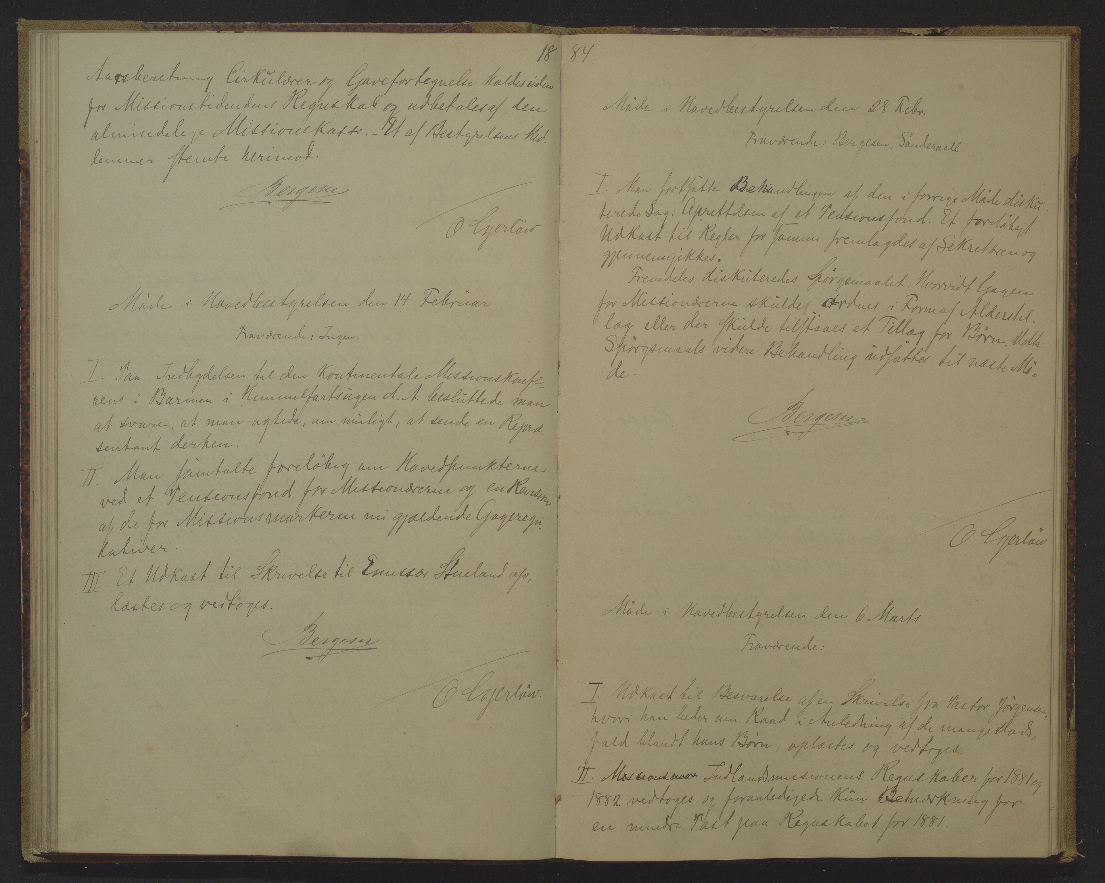 Det Norske Misjonsselskap - hovedadministrasjonen, VID/MA-A-1045/D/Da/Daa/L0010: Styreprotokoll nr. V, 9. mars 1881 - 8. februar1886, 1881-1886