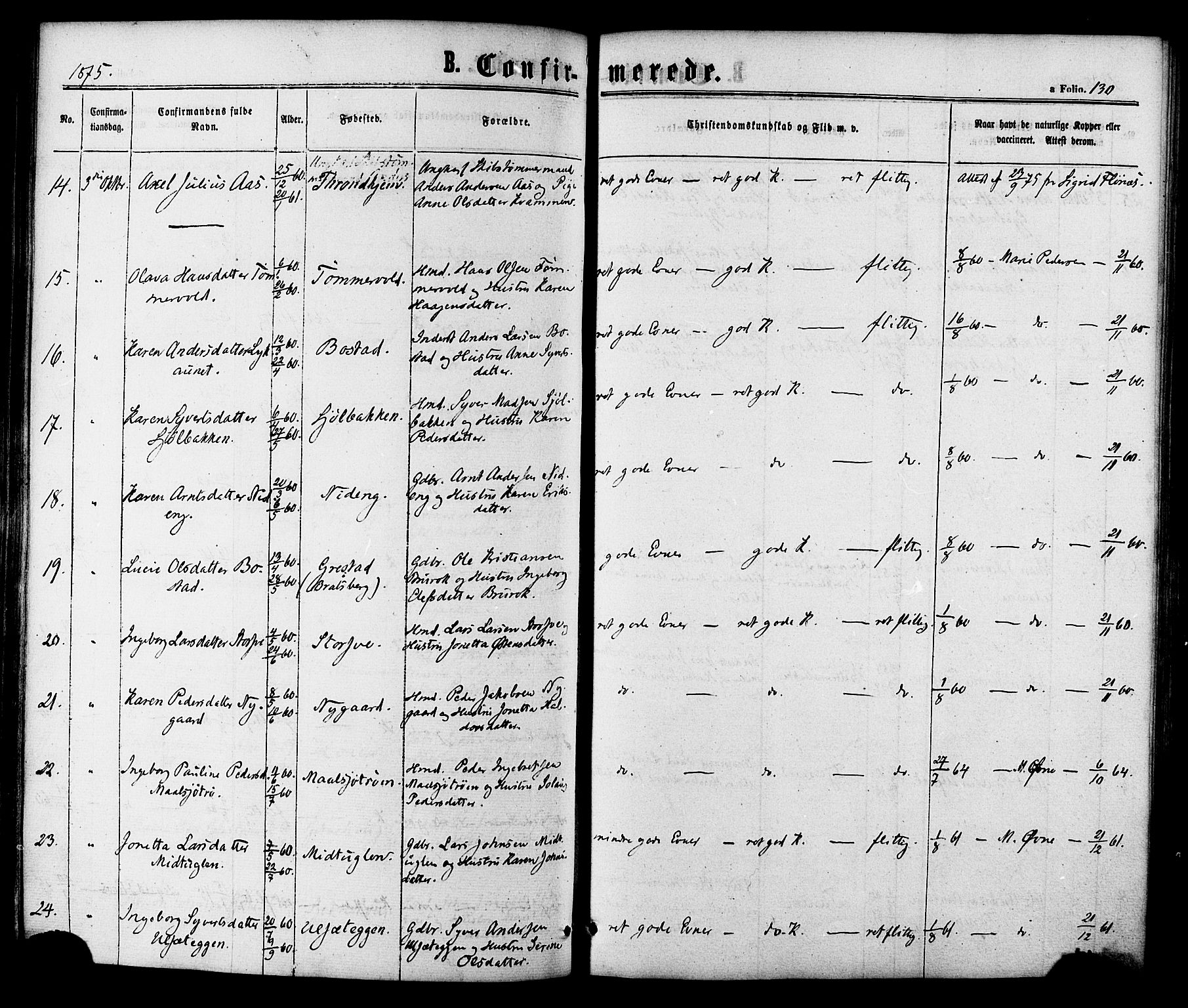 Ministerialprotokoller, klokkerbøker og fødselsregistre - Sør-Trøndelag, SAT/A-1456/618/L0442: Parish register (official) no. 618A06 /1, 1863-1879, p. 130