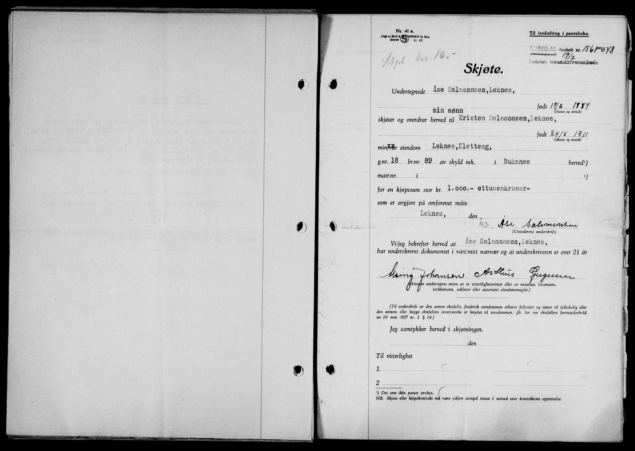 Lofoten sorenskriveri, SAT/A-0017/1/2/2C/L0018a: Mortgage book no. 18a, 1948-1948, Diary no: : 1561/1948