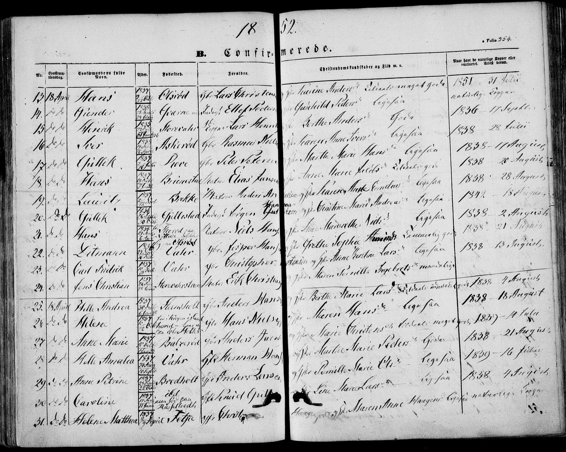 Stokke kirkebøker, AV/SAKO-A-320/F/Fa/L0007: Parish register (official) no. I 7, 1844-1857, p. 254