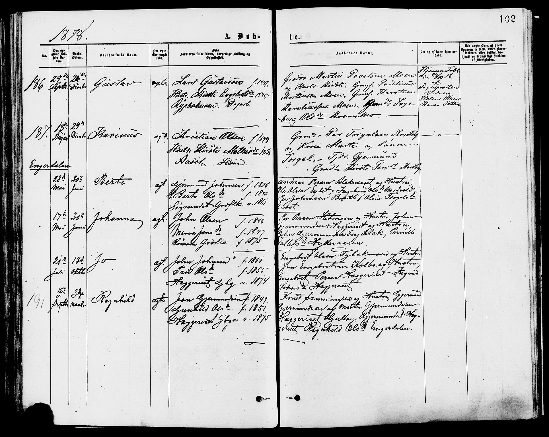 Trysil prestekontor, SAH/PREST-046/H/Ha/Haa/L0007: Parish register (official) no. 7, 1874-1880, p. 102