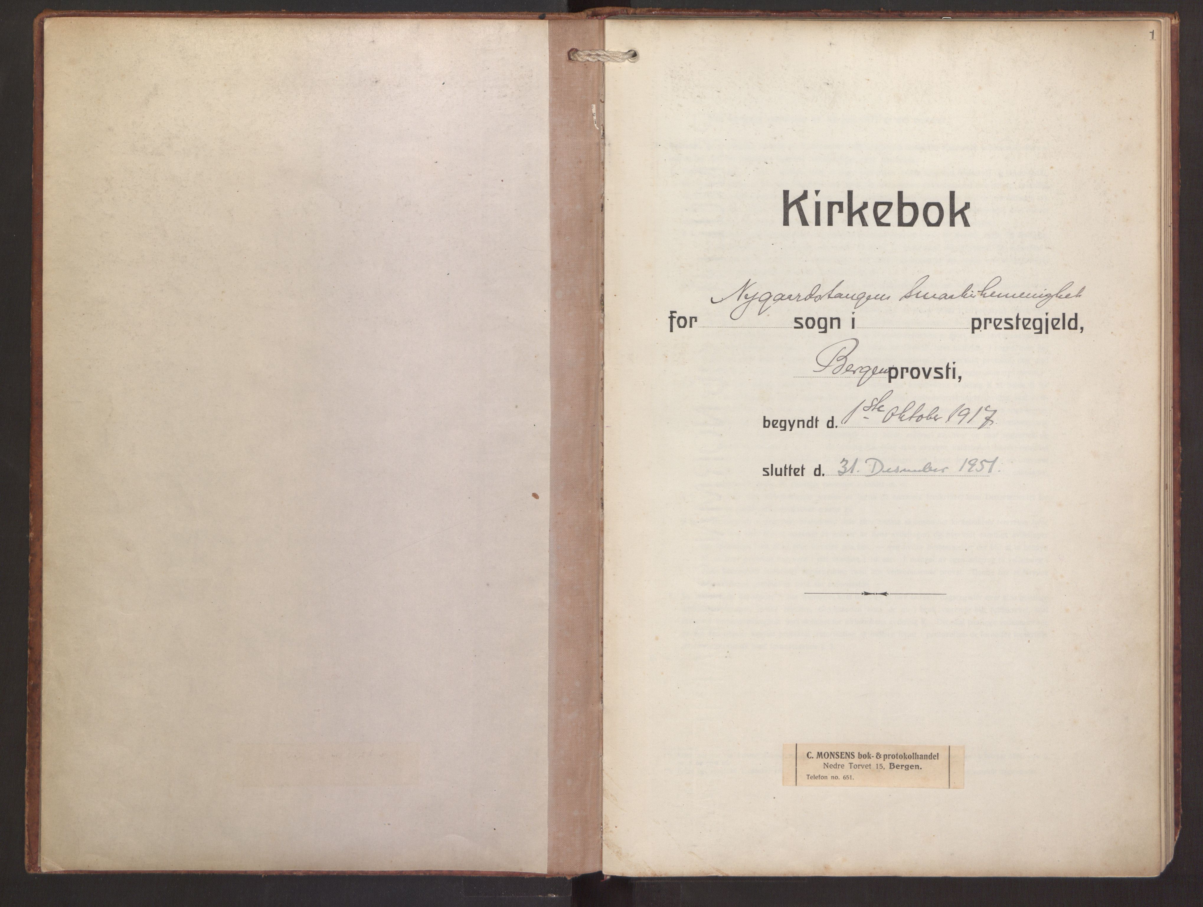 St. Jacob sokneprestembete, AV/SAB-A-78001/H/Haa/L0005: Parish register (official) no. C 1, 1917-1951, p. 1