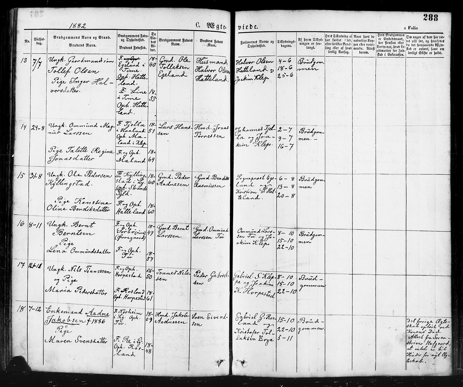 Klepp sokneprestkontor, AV/SAST-A-101803/001/3/30BA/L0006: Parish register (official) no. A 6, 1871-1885, p. 288