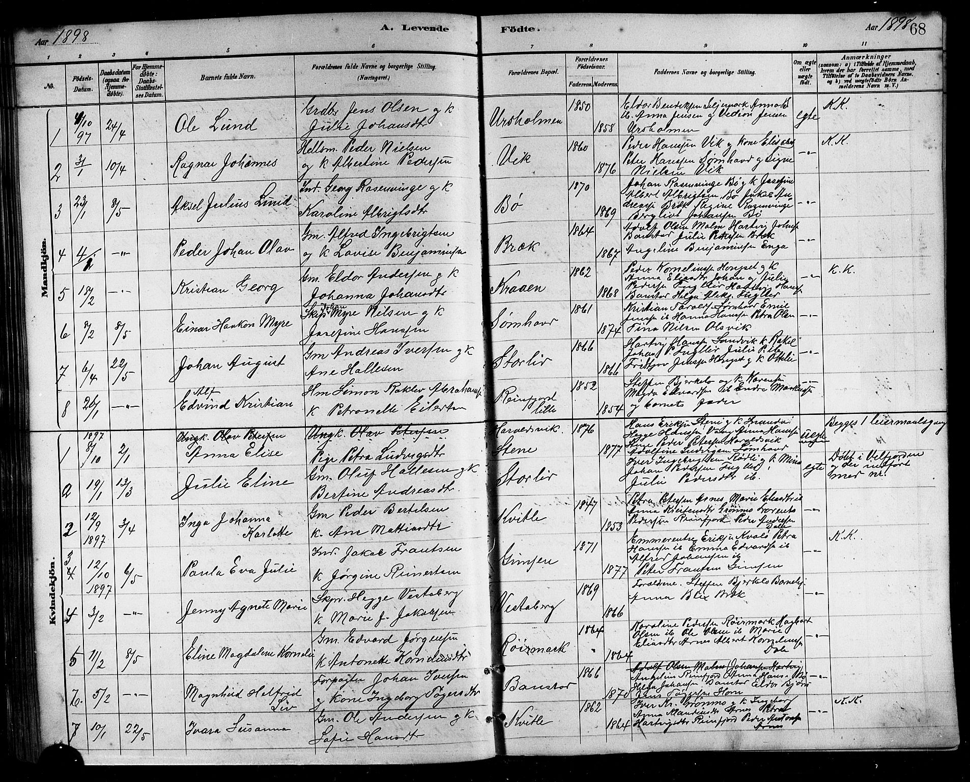 Ministerialprotokoller, klokkerbøker og fødselsregistre - Nordland, SAT/A-1459/812/L0188: Parish register (copy) no. 812C06, 1884-1912, p. 68