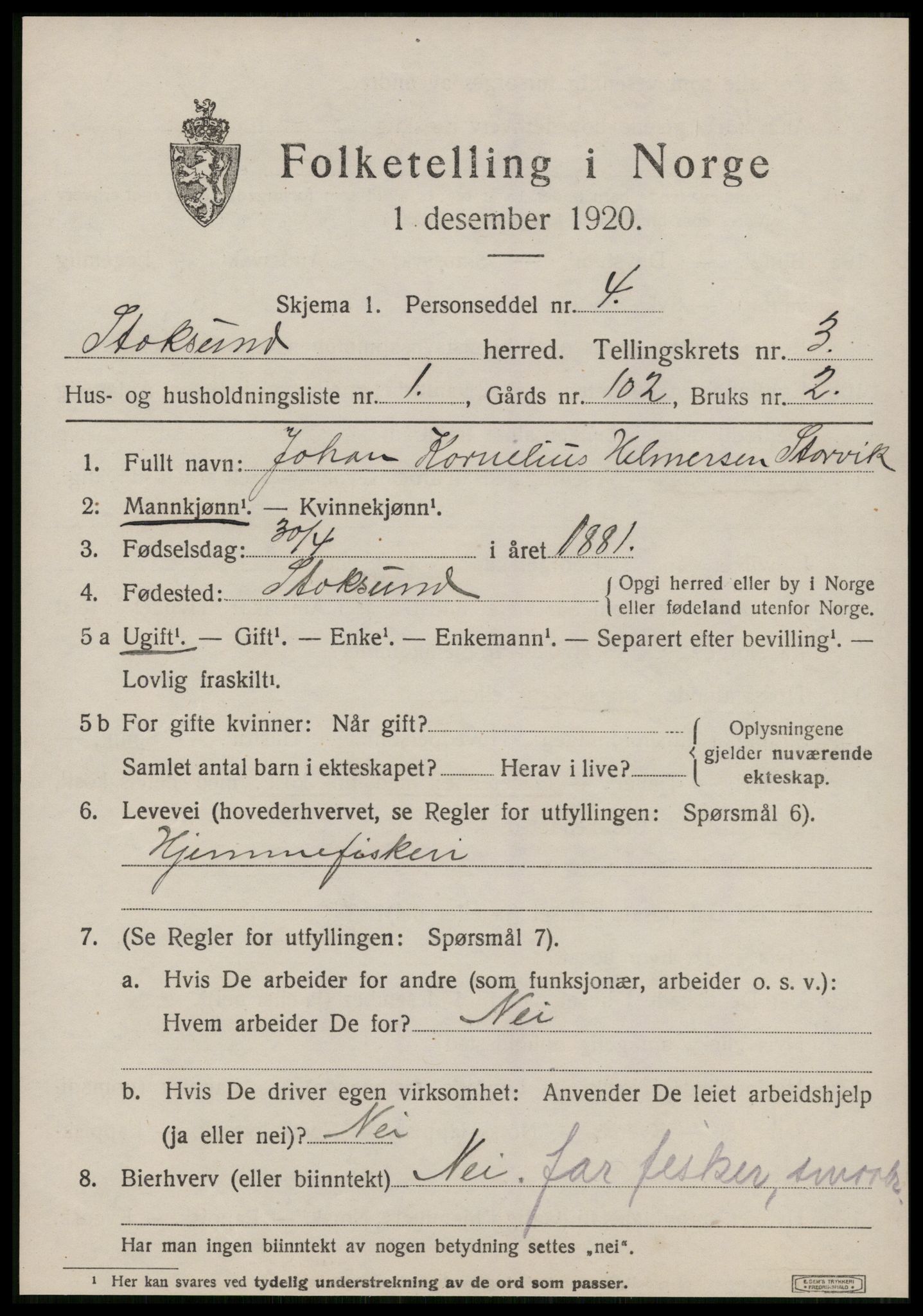 SAT, 1920 census for Stoksund, 1920, p. 1468